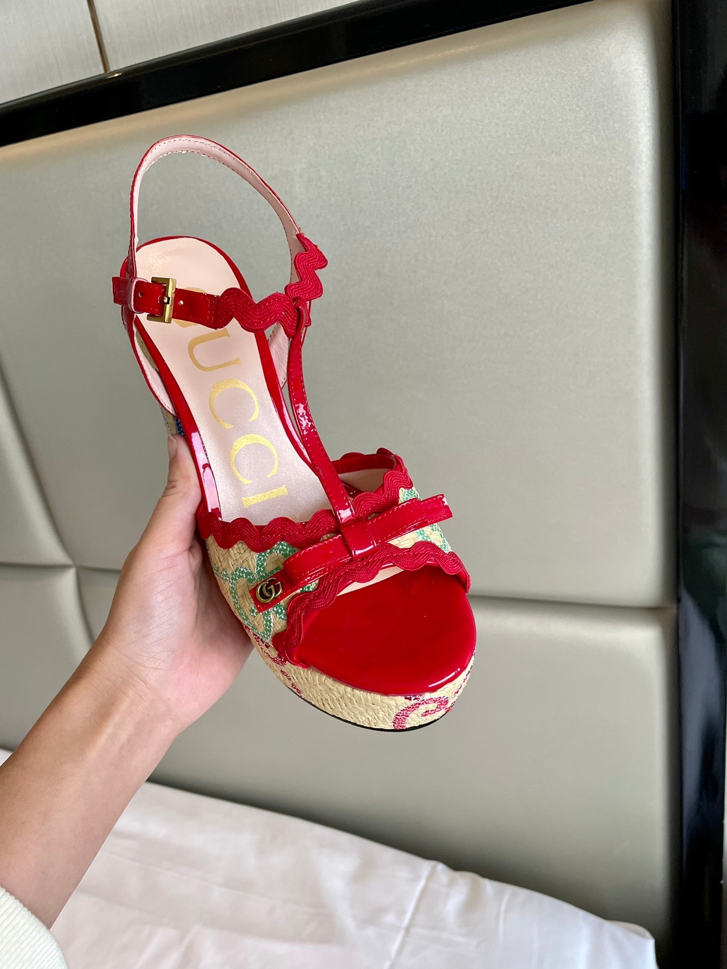 GG Kertu Platform Sandals 12cm Beige Red Raffia Leather 695694
