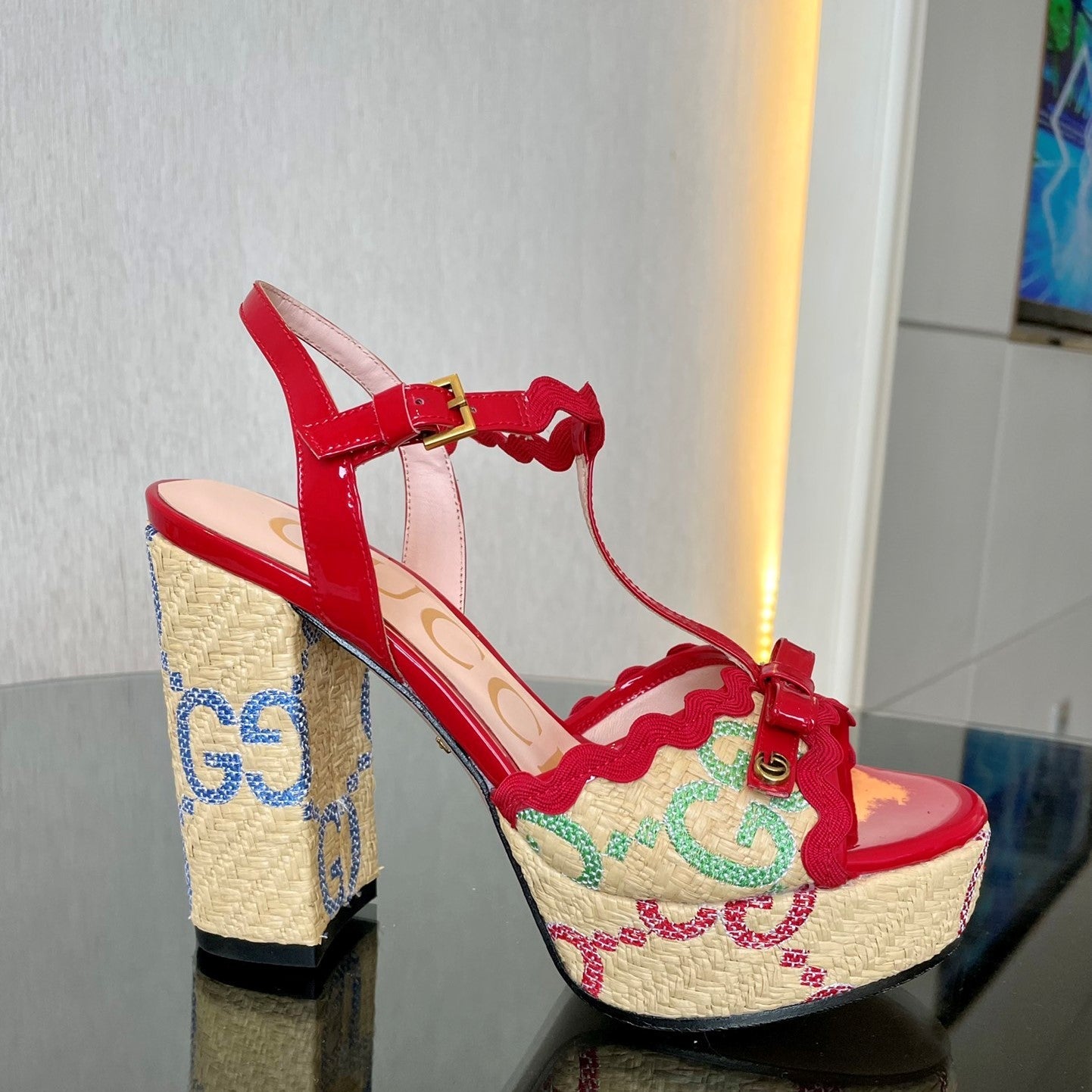 GG Kertu Platform Sandals 12cm Beige Red Raffia Leather 695694