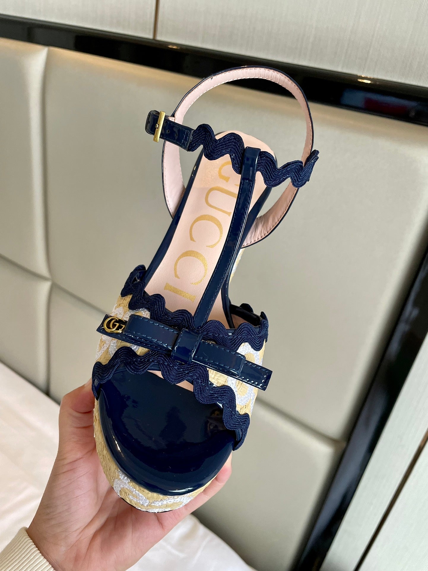 GG Kertu Platform Sandals 12cm Beige Blue Raffia Leather 695695