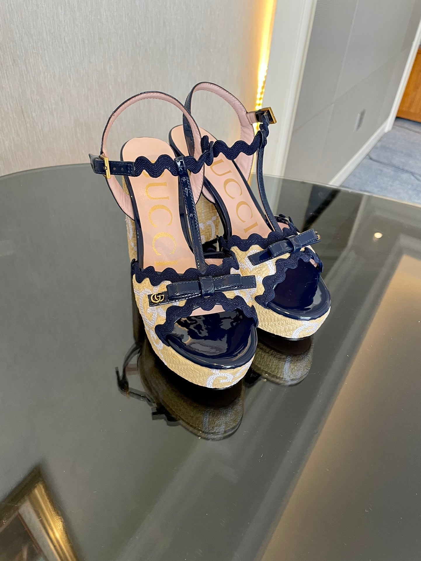 GG Kertu Platform Sandals 12cm Beige Blue Raffia Leather 695695