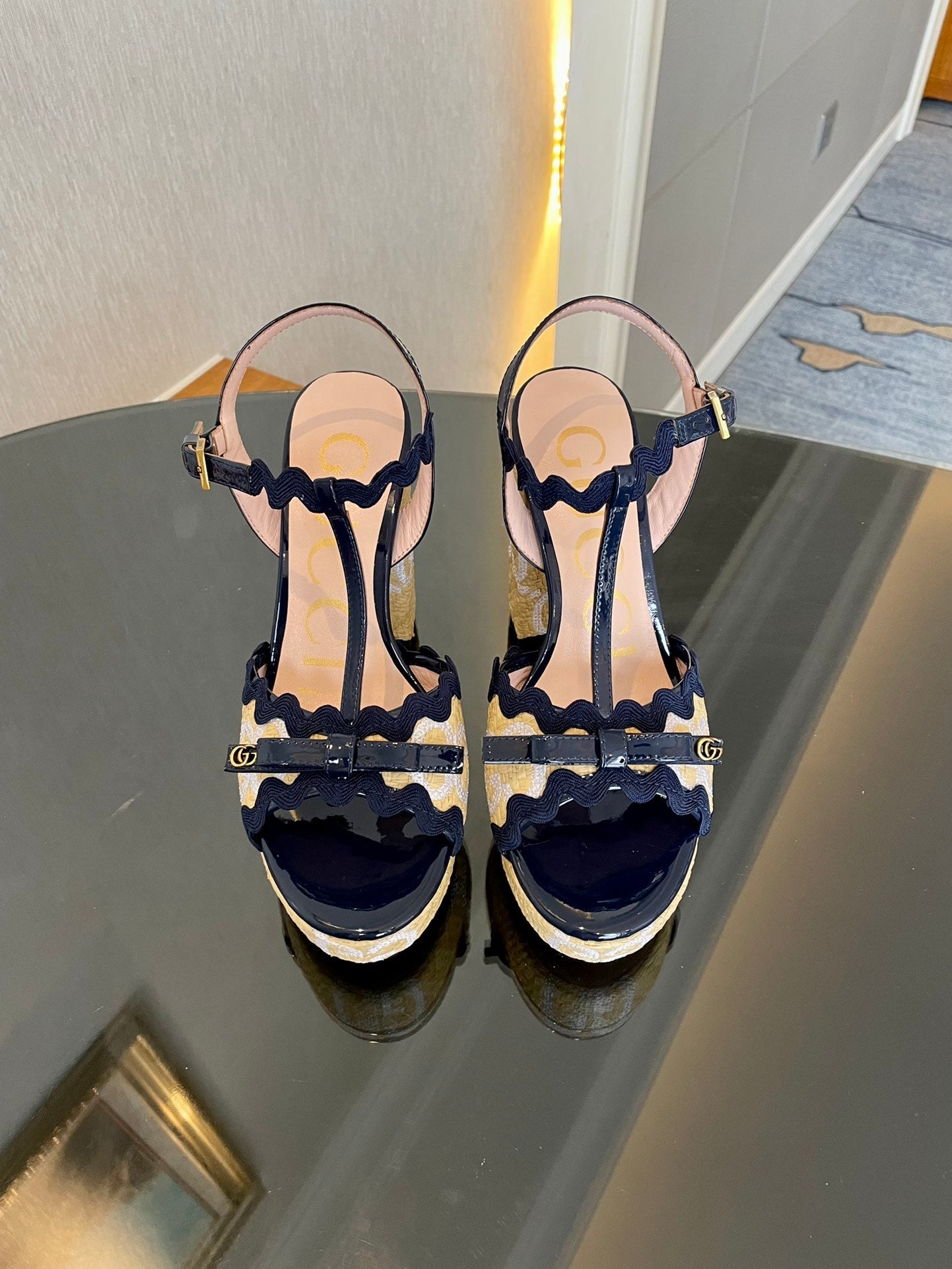 GG Kertu Platform Sandals 12cm Beige Blue Raffia Leather 695695