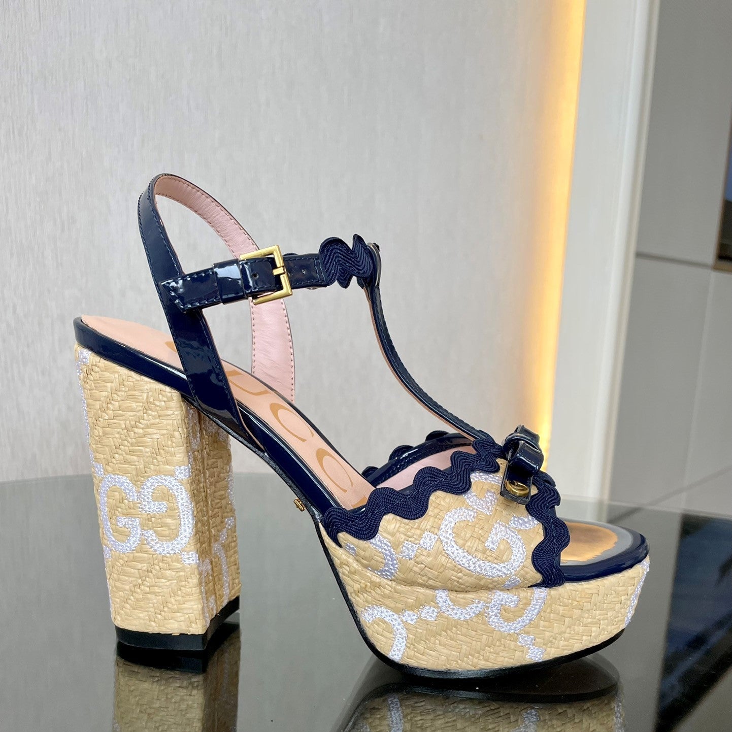 GG Kertu Platform Sandals 12cm Beige Blue Raffia Leather 695695