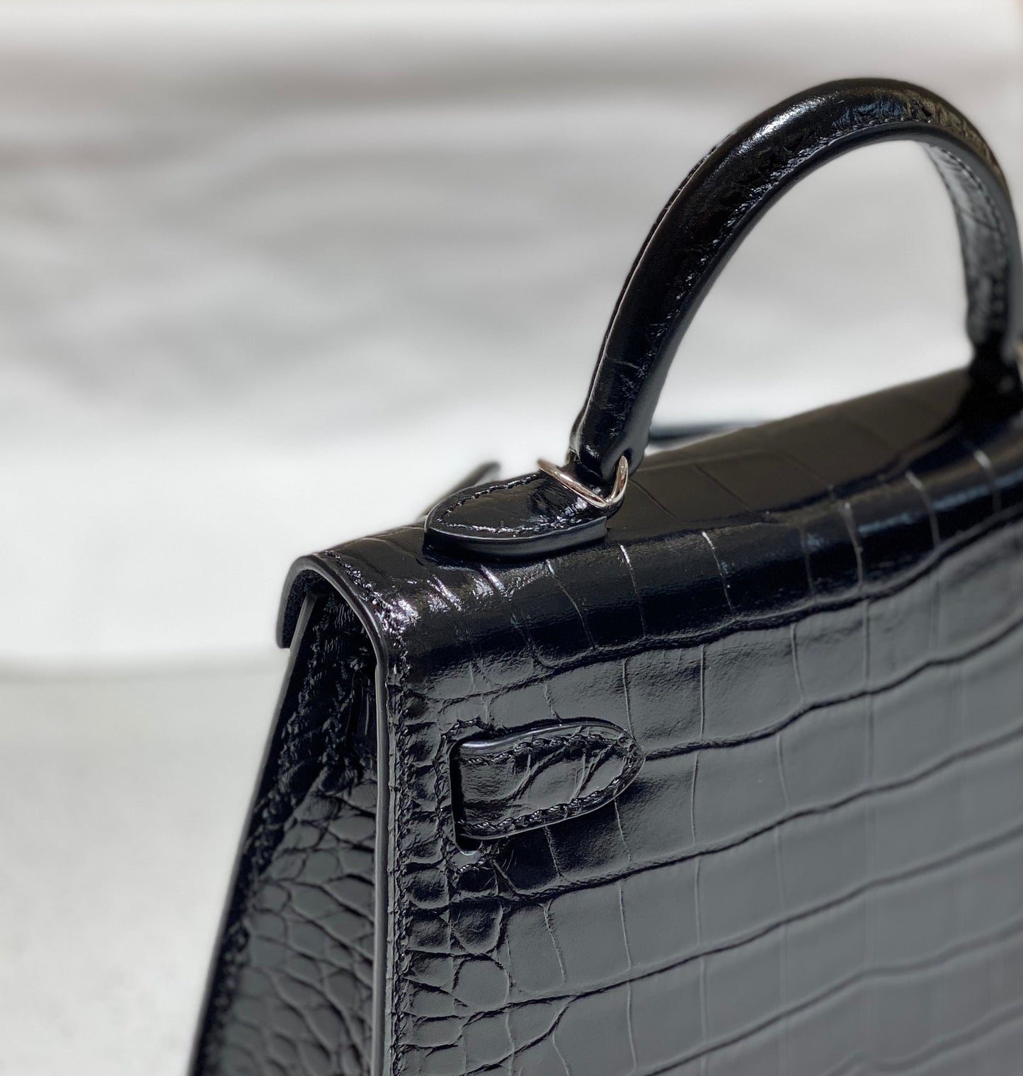 HM 25s Mini Kelly 19 Cm Black Embossed Crocodile Silver Hardware