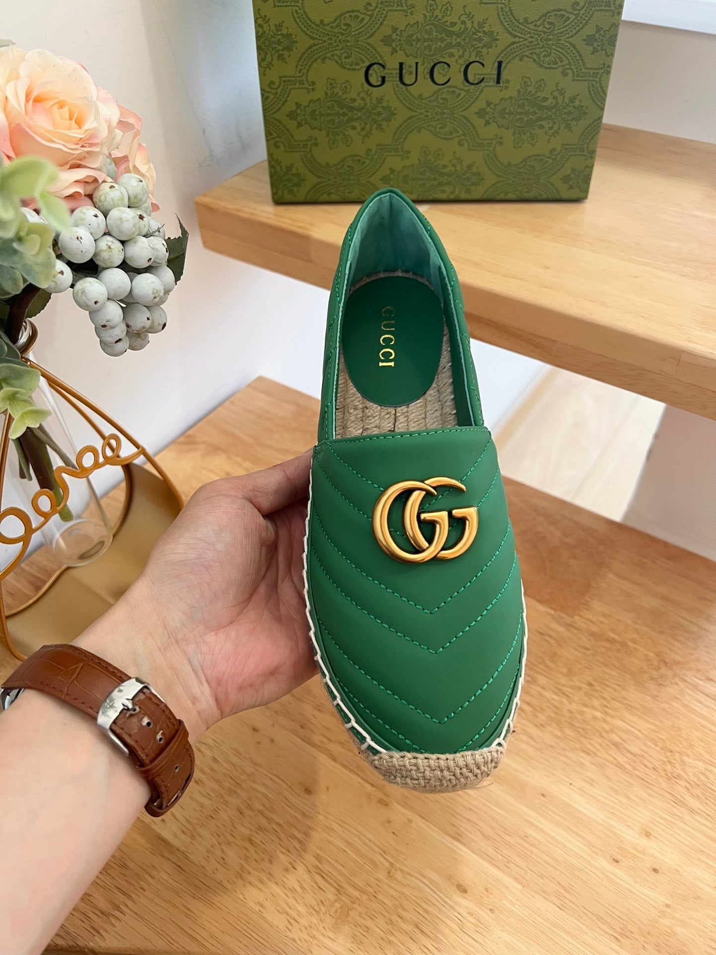 GG 26ss Loafer Green Straw Sheepskin 692197