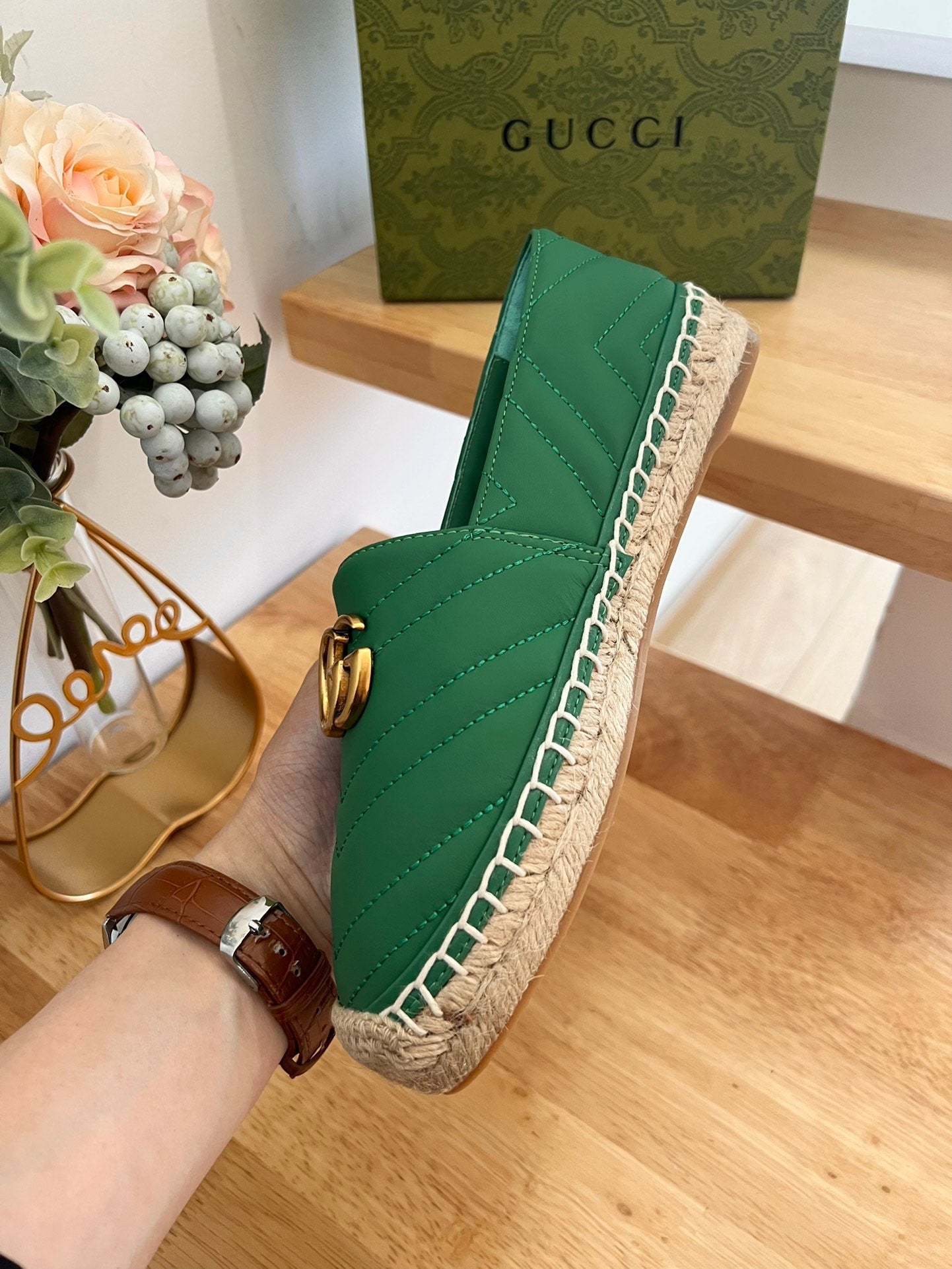 GG 26ss Loafer Green Straw Sheepskin 692197