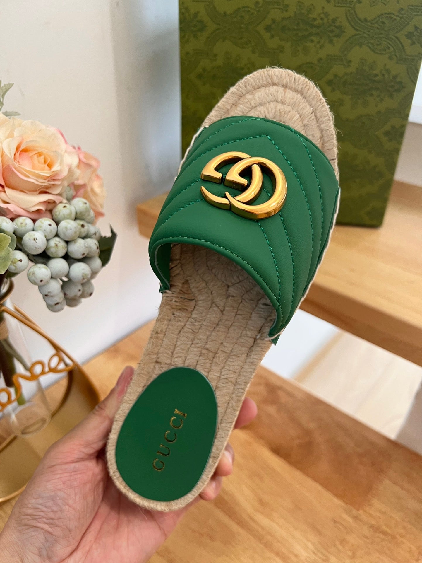 GG 26ss Slide Green Canvas Sheepskin 692201