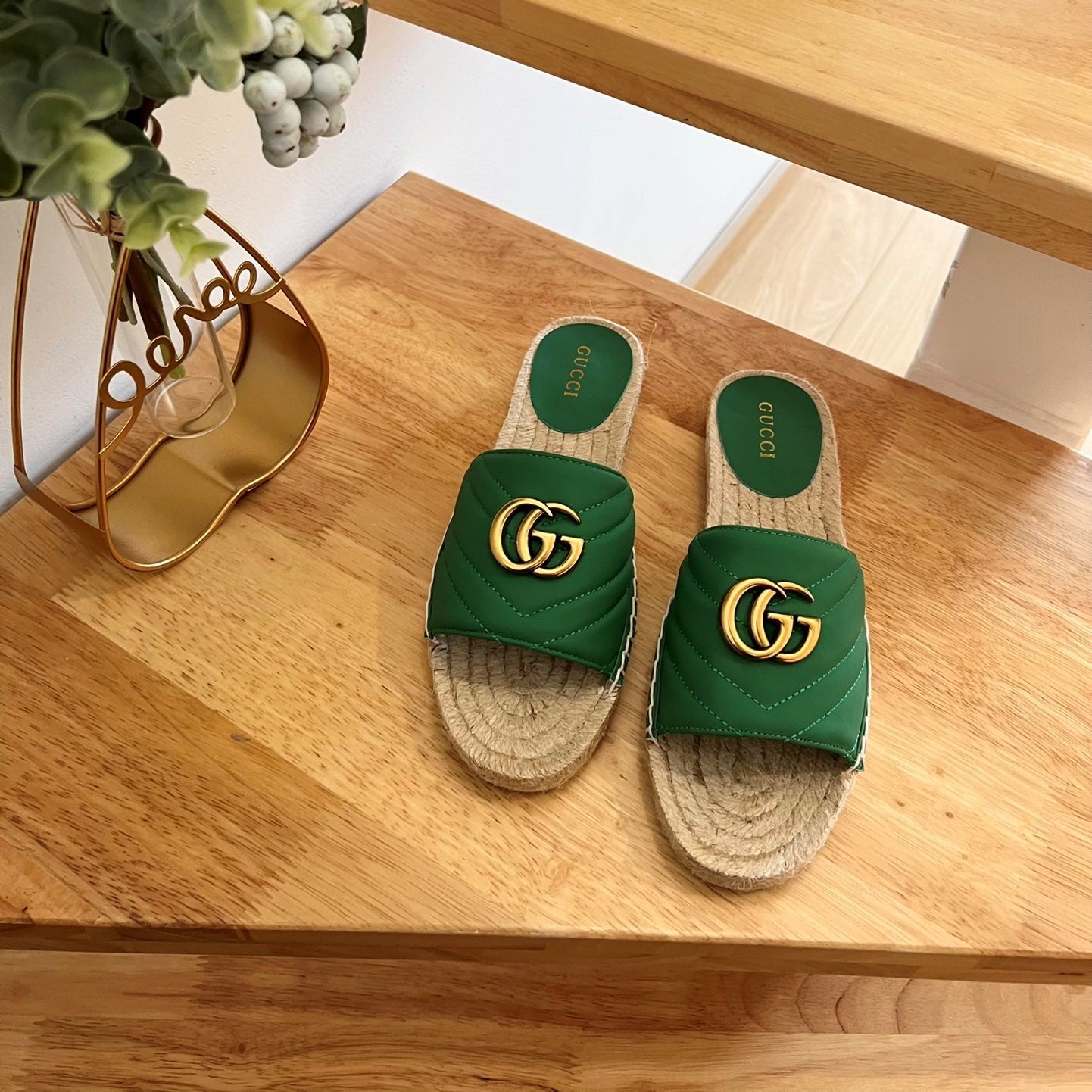 GG 26ss Slide Green Canvas Sheepskin 692201