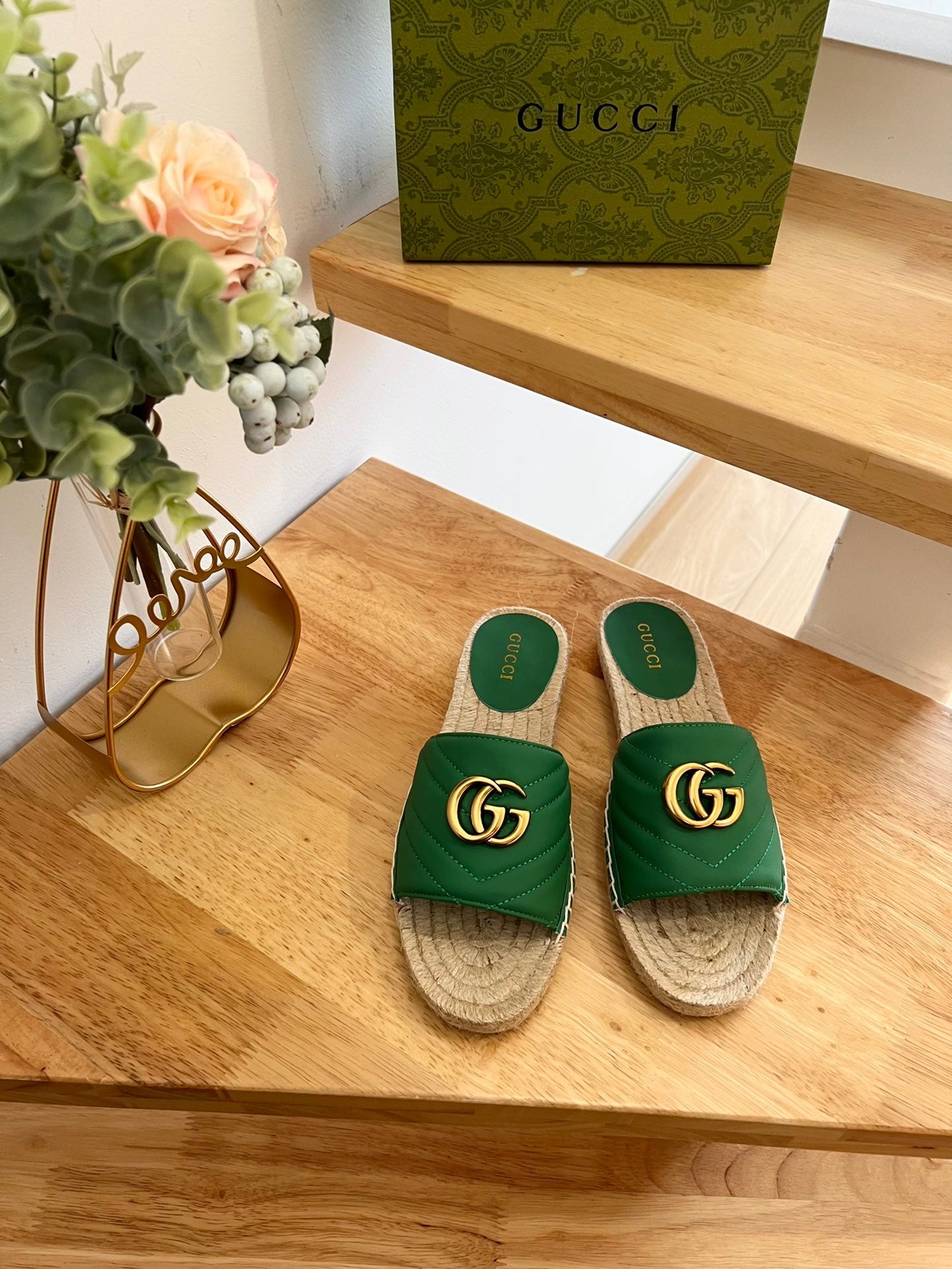 GG 26ss Slide Green Canvas Sheepskin 692201
