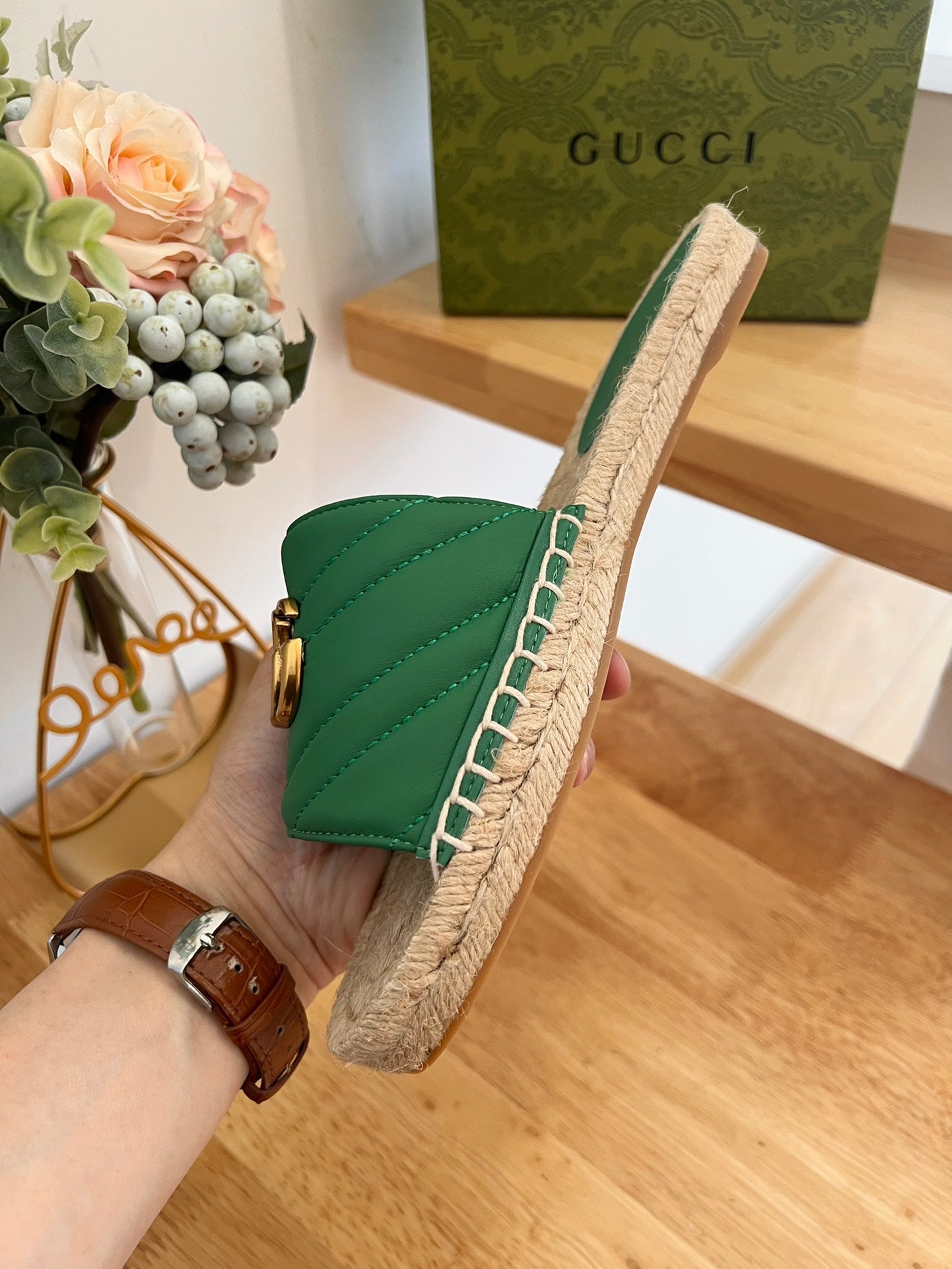 GG 26ss Slide Green Canvas Sheepskin 692201