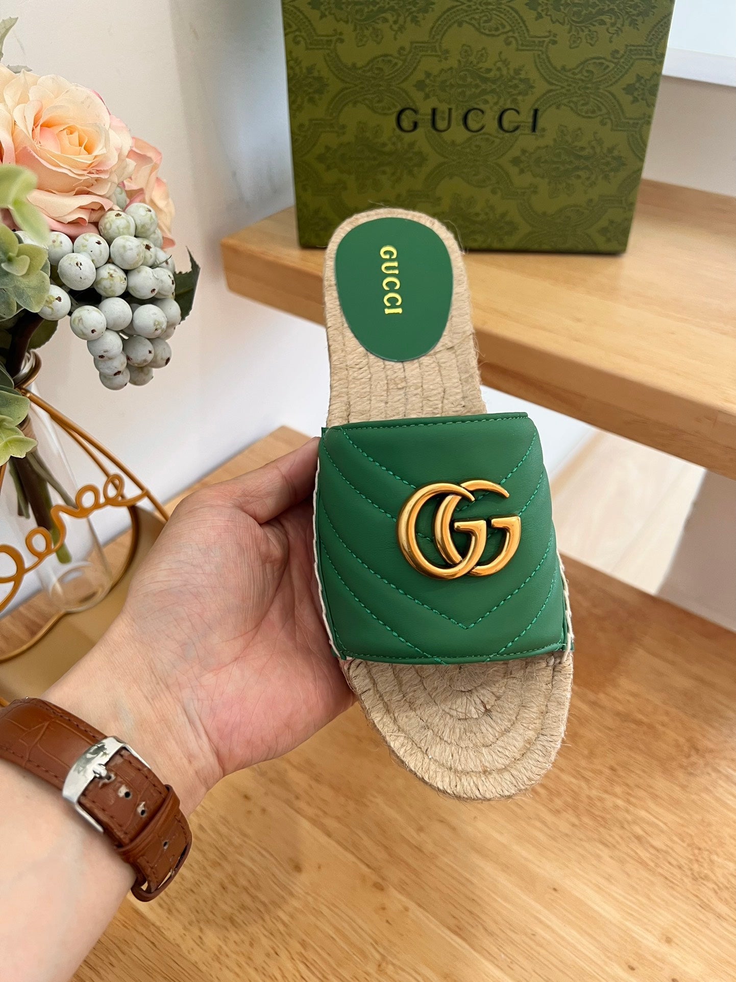 GG 26ss Slide Green Canvas Sheepskin 692201