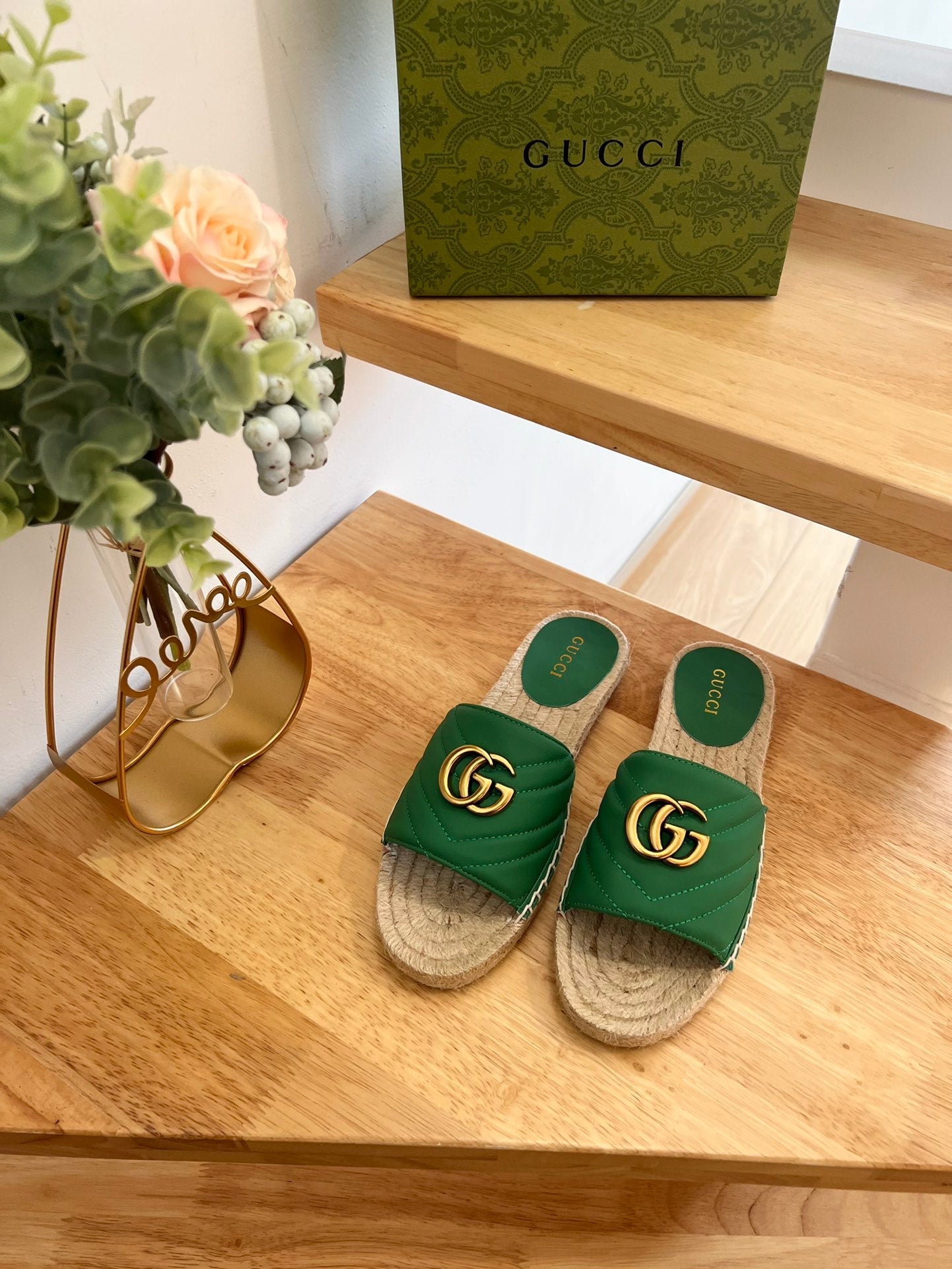 GG 26ss Slide Green Canvas Sheepskin 692201