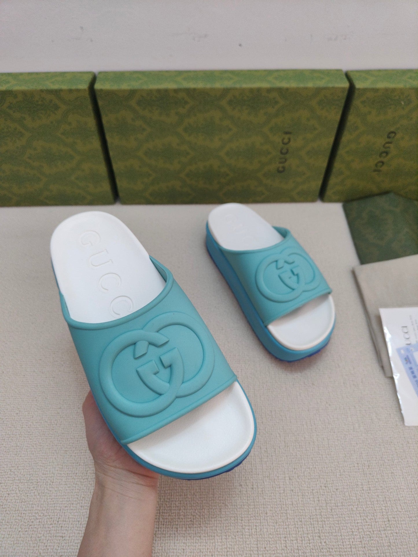 GG Lide Sandal With Interlocking Blue Rubber 788132