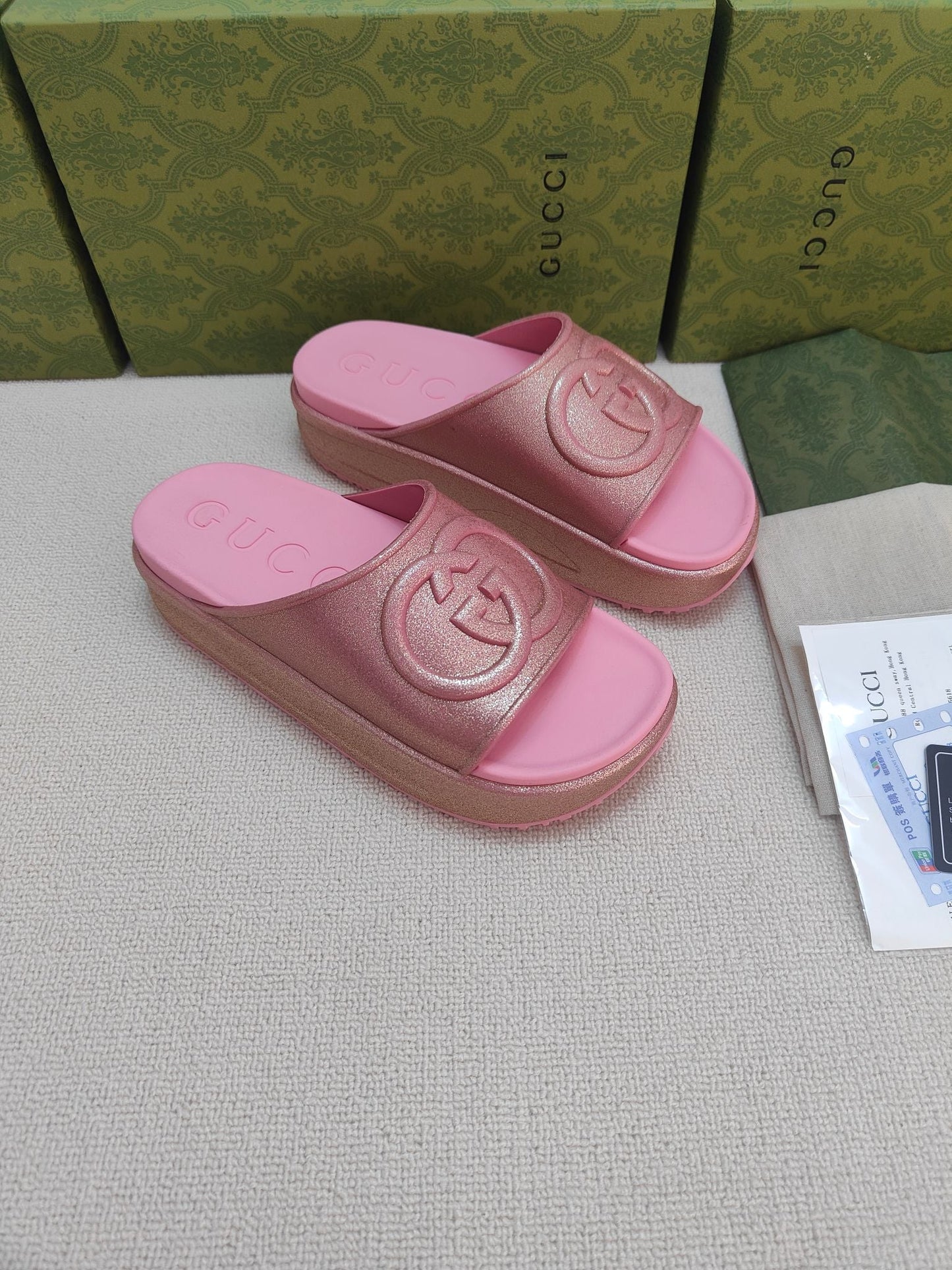 GG Lide Sandal With Interlocking Pink Glitter Rubber 788130
