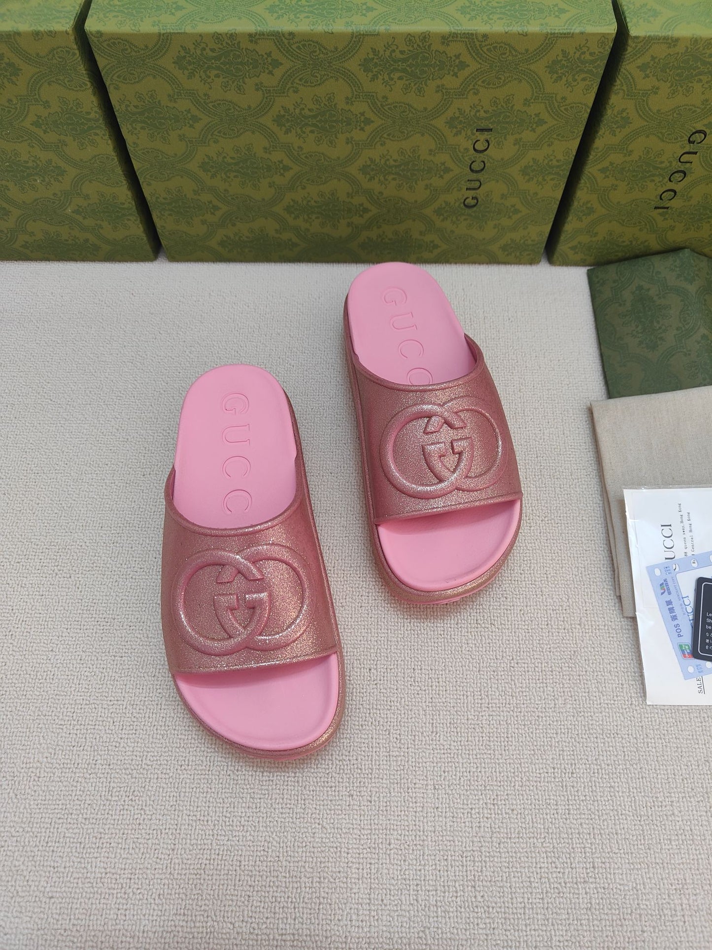 GG Lide Sandal With Interlocking Pink Glitter Rubber 788130