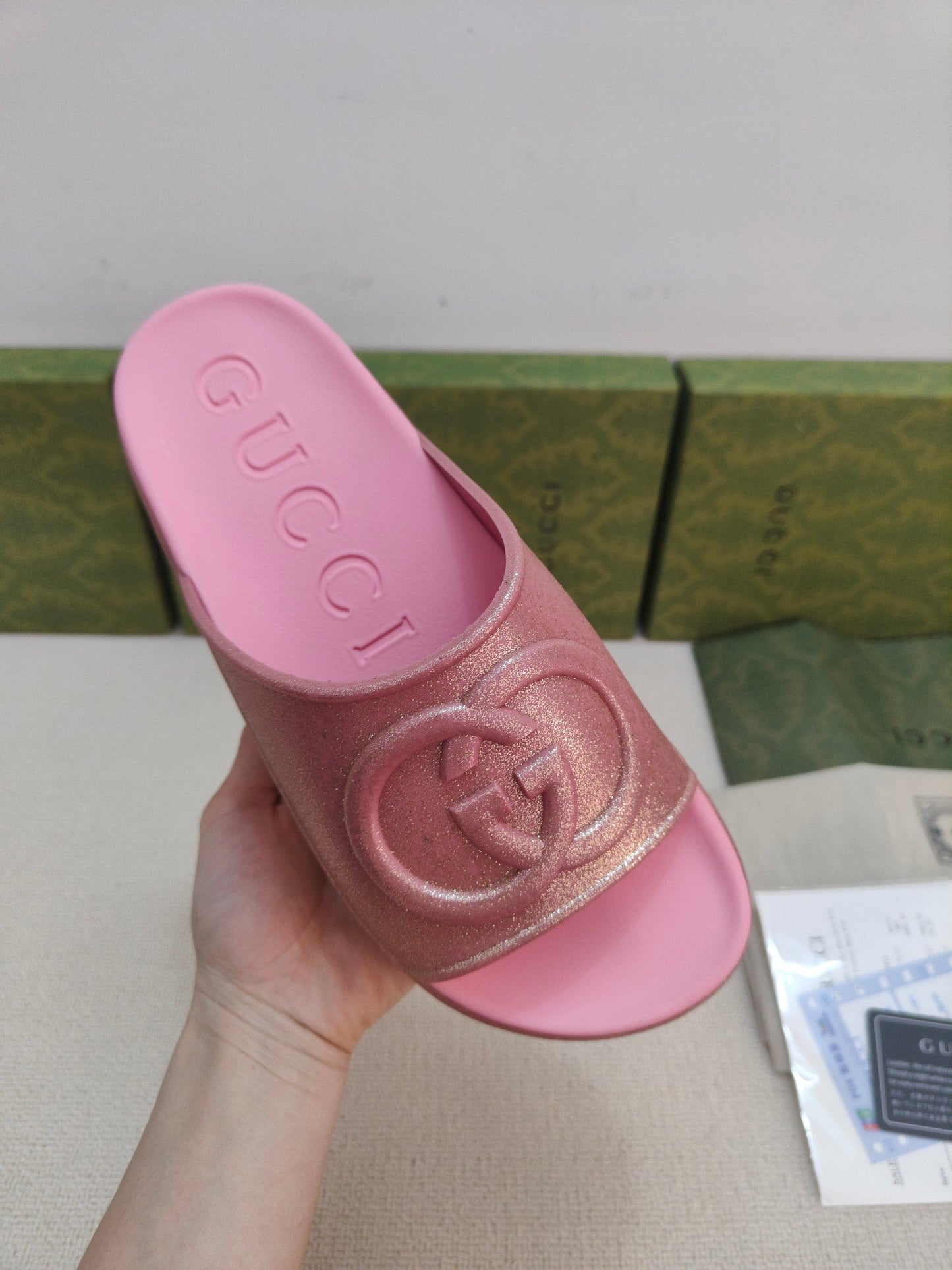 GG Lide Sandal With Interlocking Pink Glitter Rubber 788130