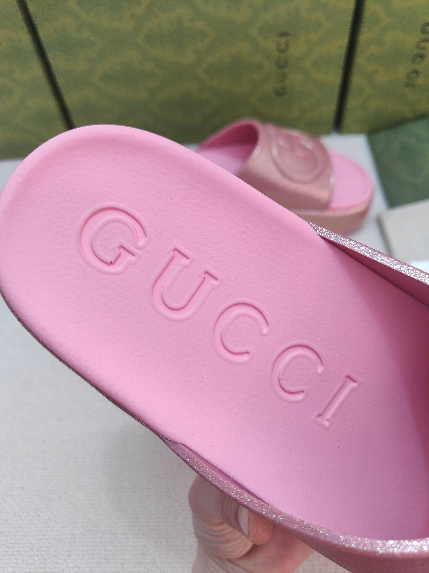 GG Lide Sandal With Interlocking Pink Glitter Rubber 788130