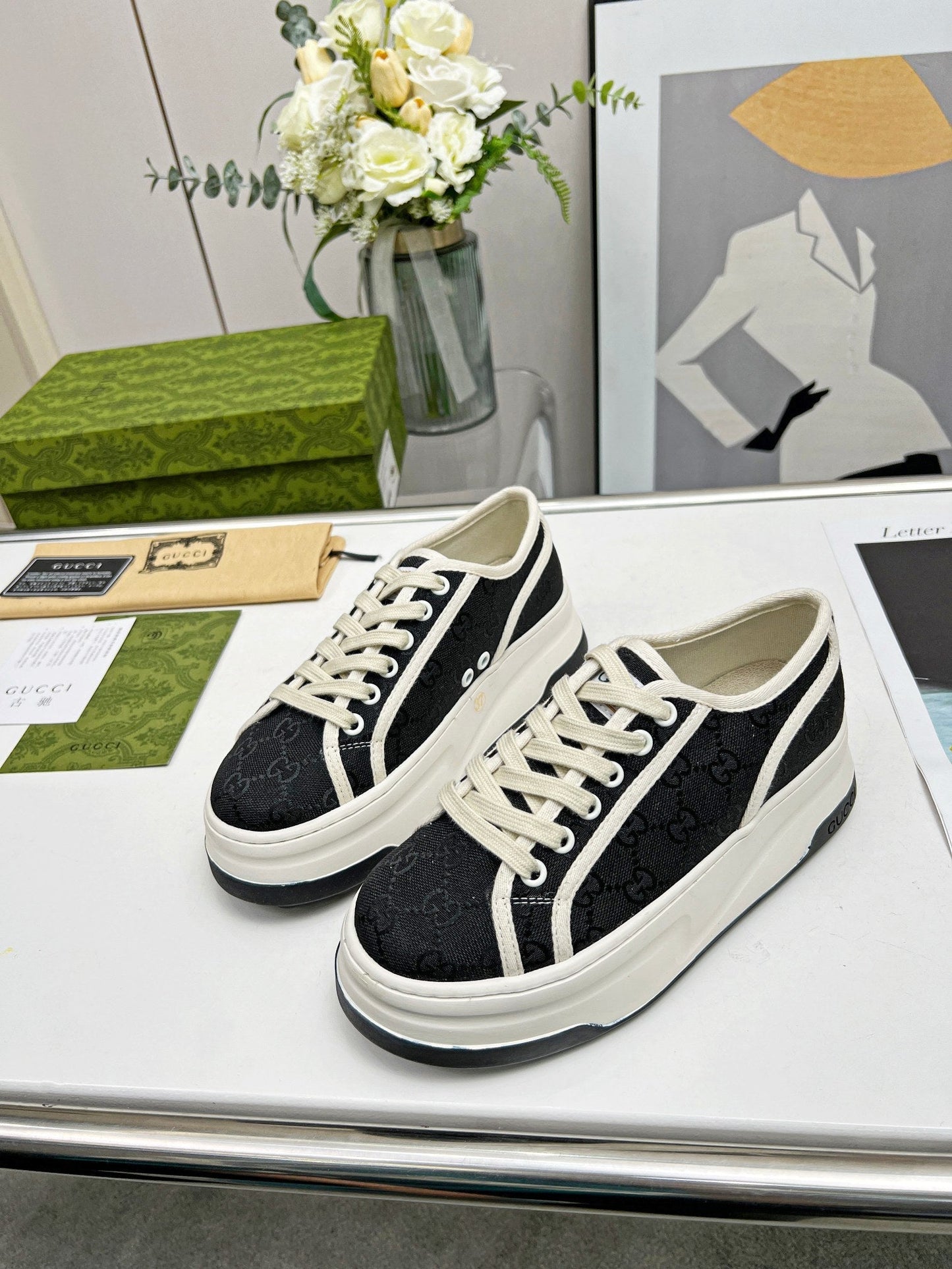GG Low Top Sneakers 50mm Black White Canvas 457428