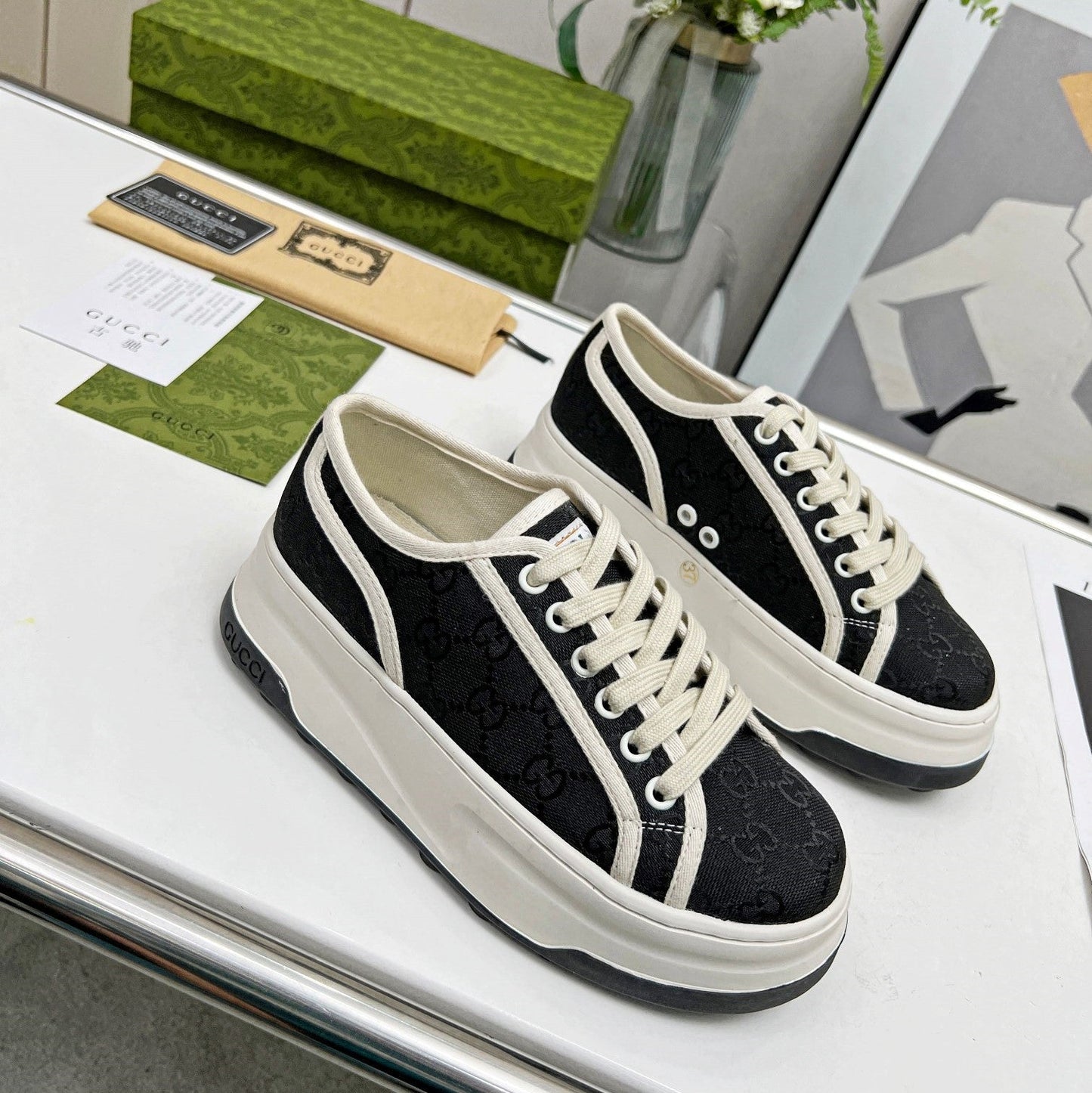GG Low Top Sneakers 50mm Black White Canvas 457428