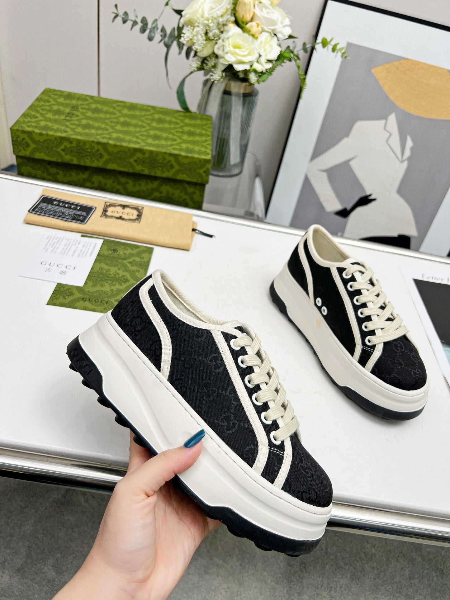 GG Low Top Sneakers 50mm Black White Canvas 457428