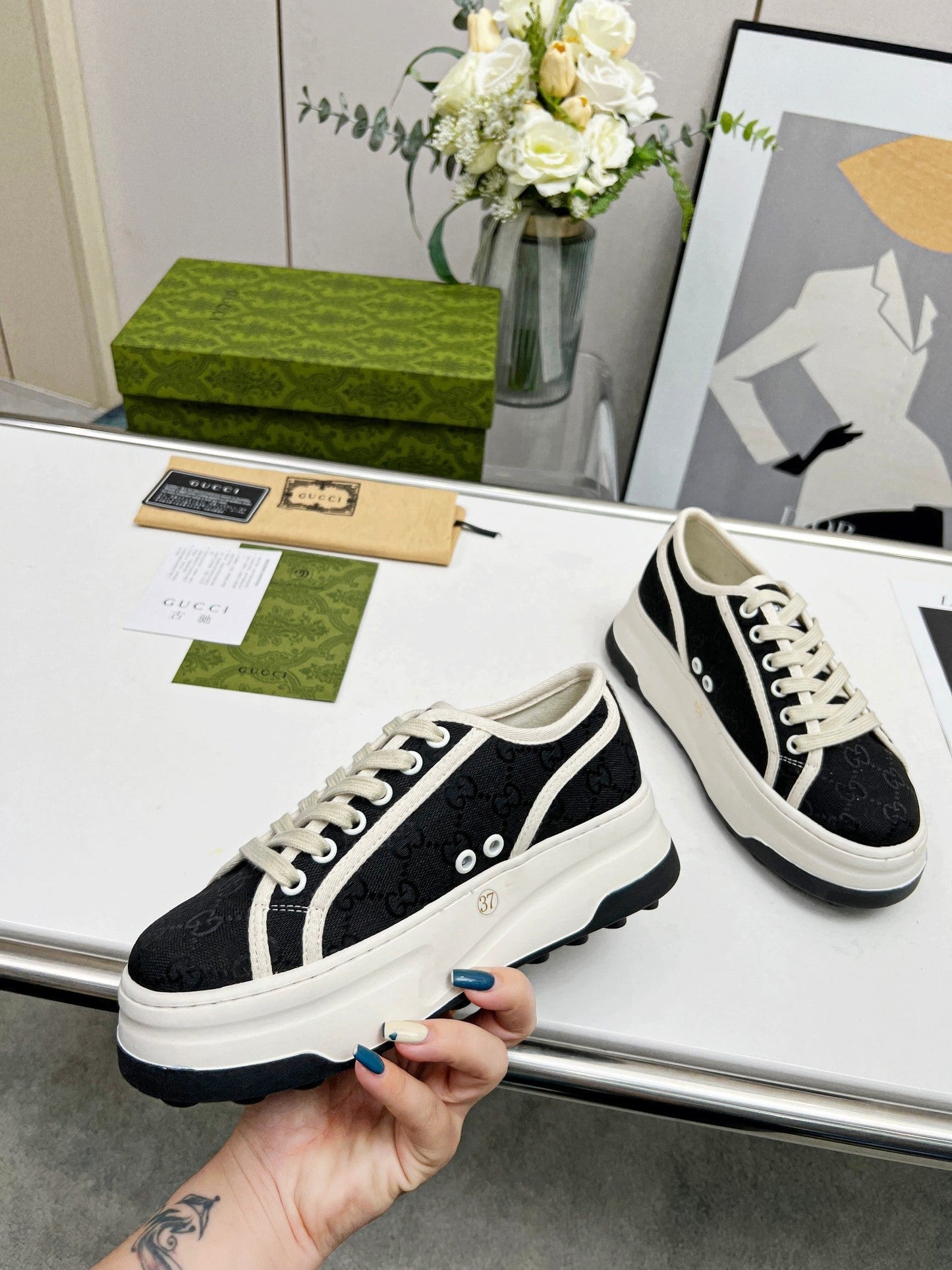 GG Low Top Sneakers 50mm Black White Canvas 457428