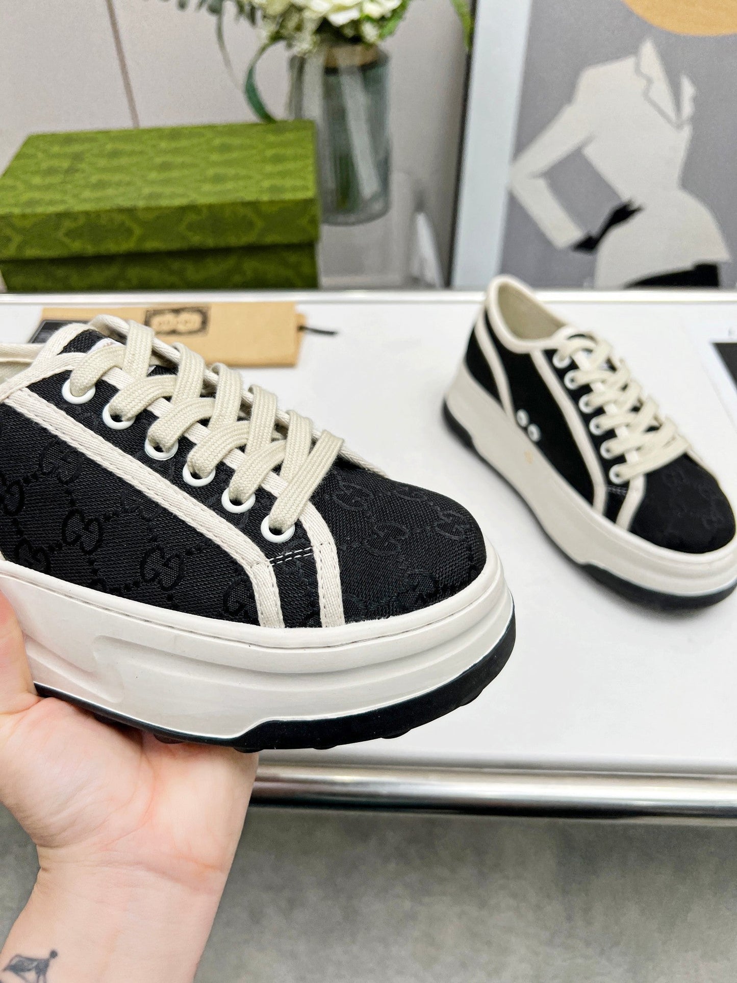 GG Low Top Sneakers 50mm Black White Canvas 457428