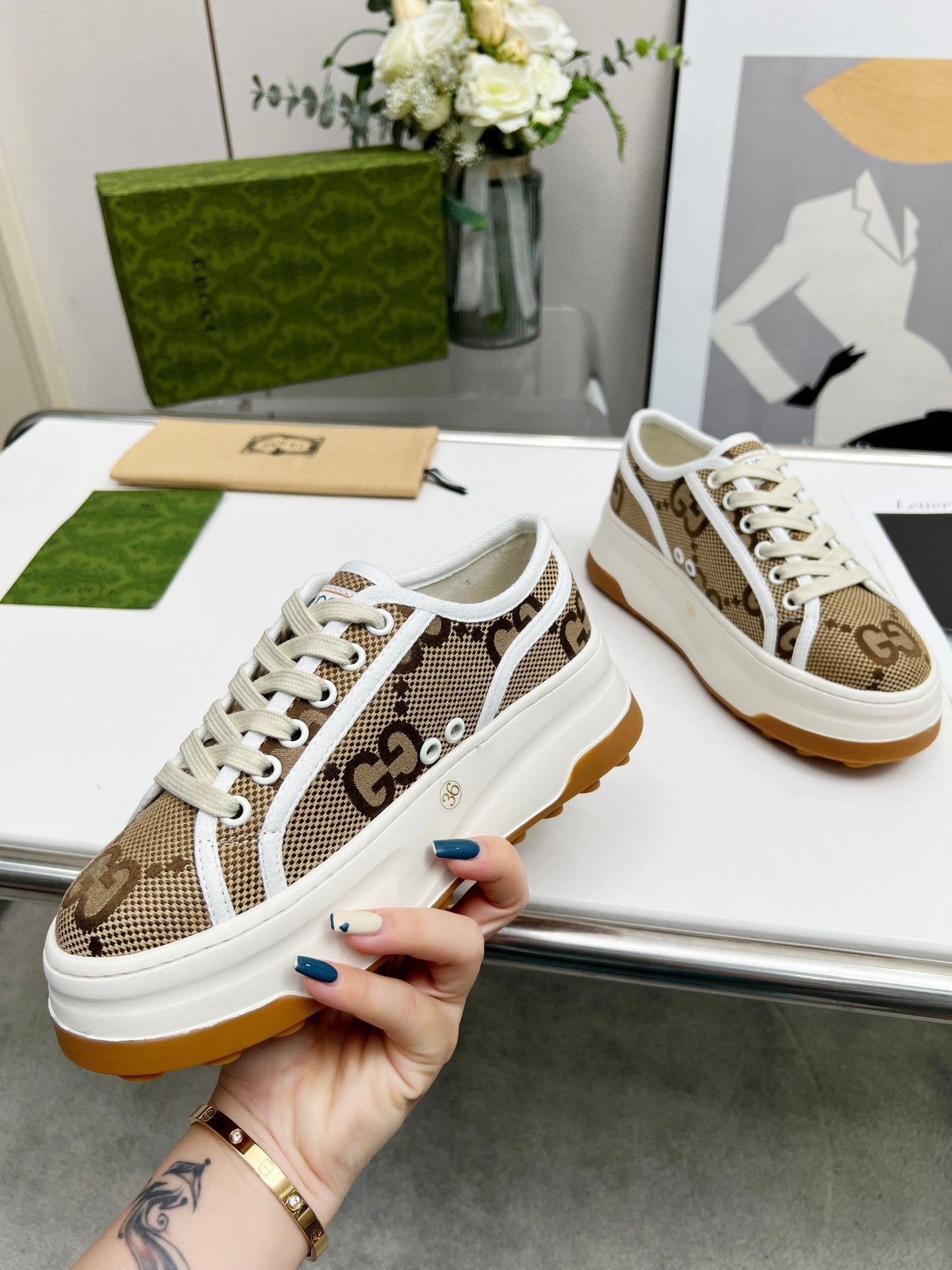 GG Low Top Sneakers 50mm Beige Brown Monogram Canvas 457430