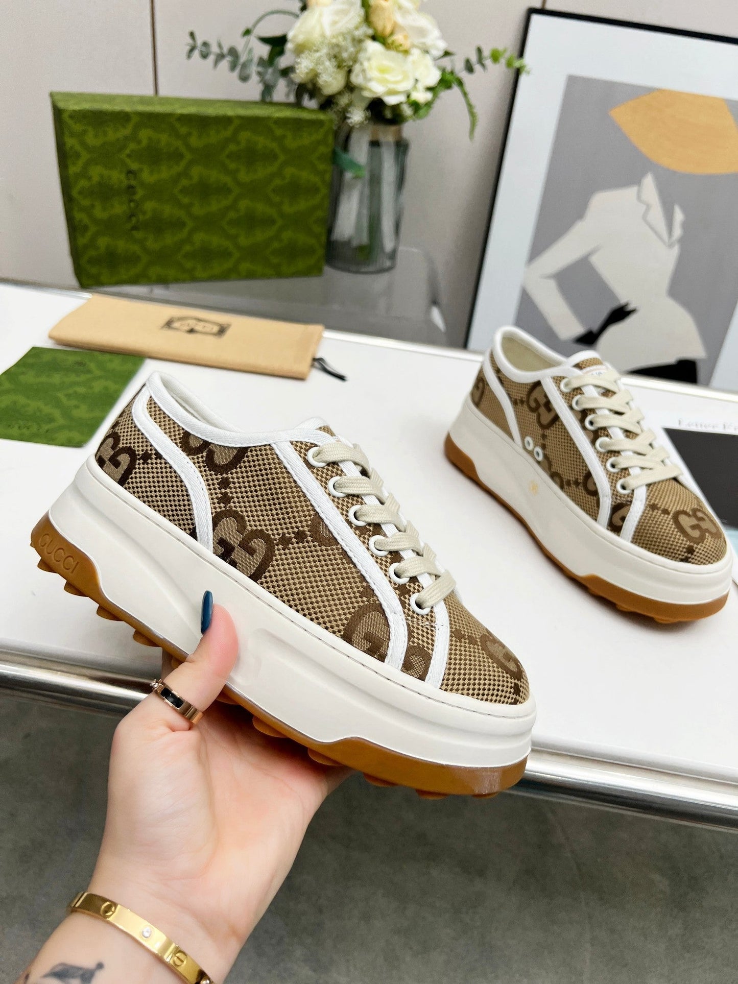 GG Low Top Sneakers 50mm Beige Brown Monogram Canvas 457430