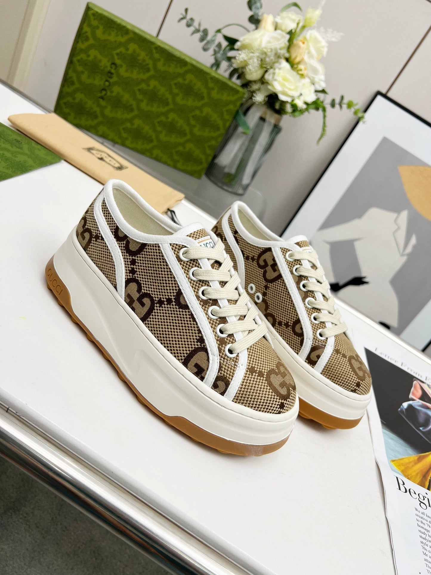 GG Low Top Sneakers 50mm Beige Brown Monogram Canvas 457430