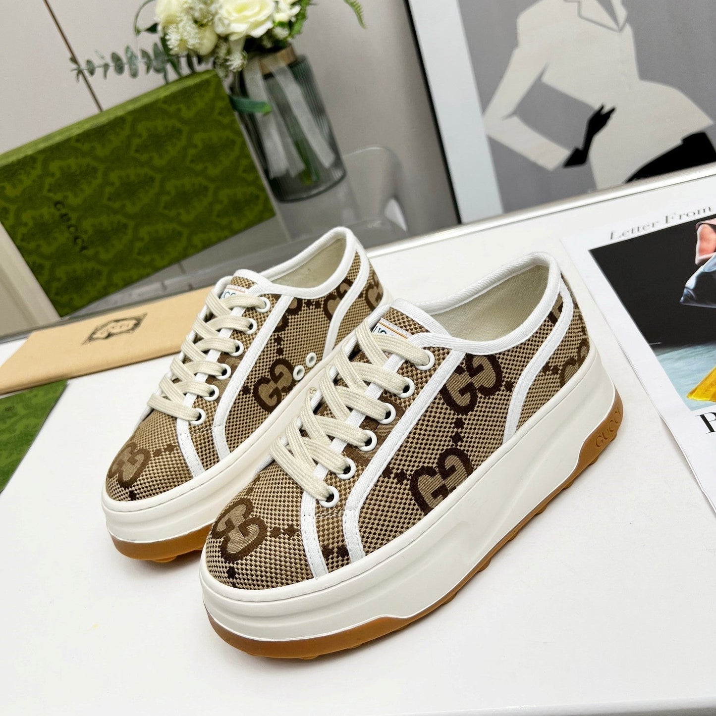 GG Low Top Sneakers 50mm Beige Brown Monogram Canvas 457430