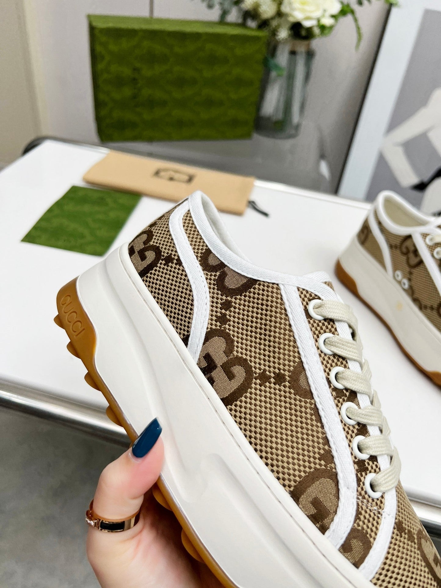 GG Low Top Sneakers 50mm Beige Brown Monogram Canvas 457430