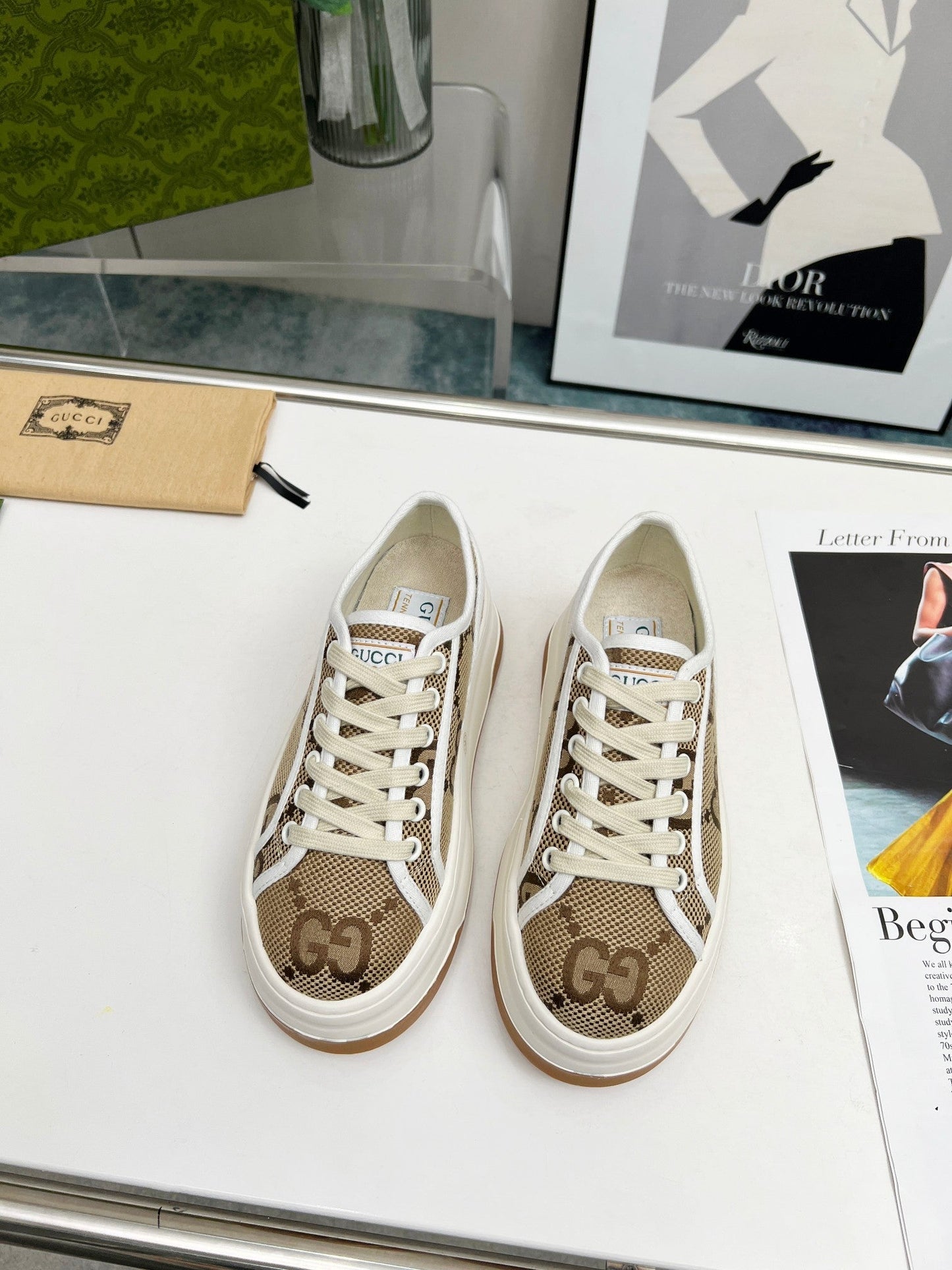 GG Low Top Sneakers 50mm Beige Brown Monogram Canvas 457430