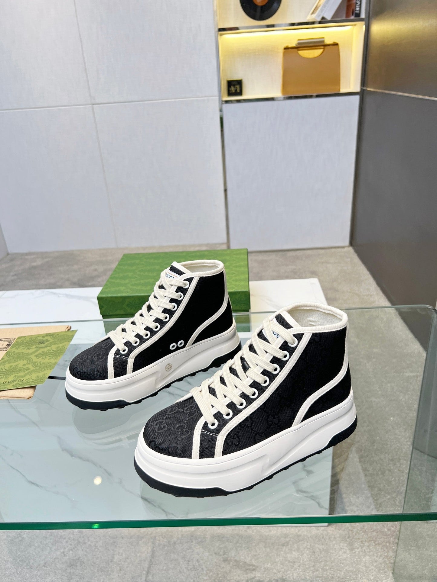 GG High Top Sneakers 50mm White Black Canvas 457431
