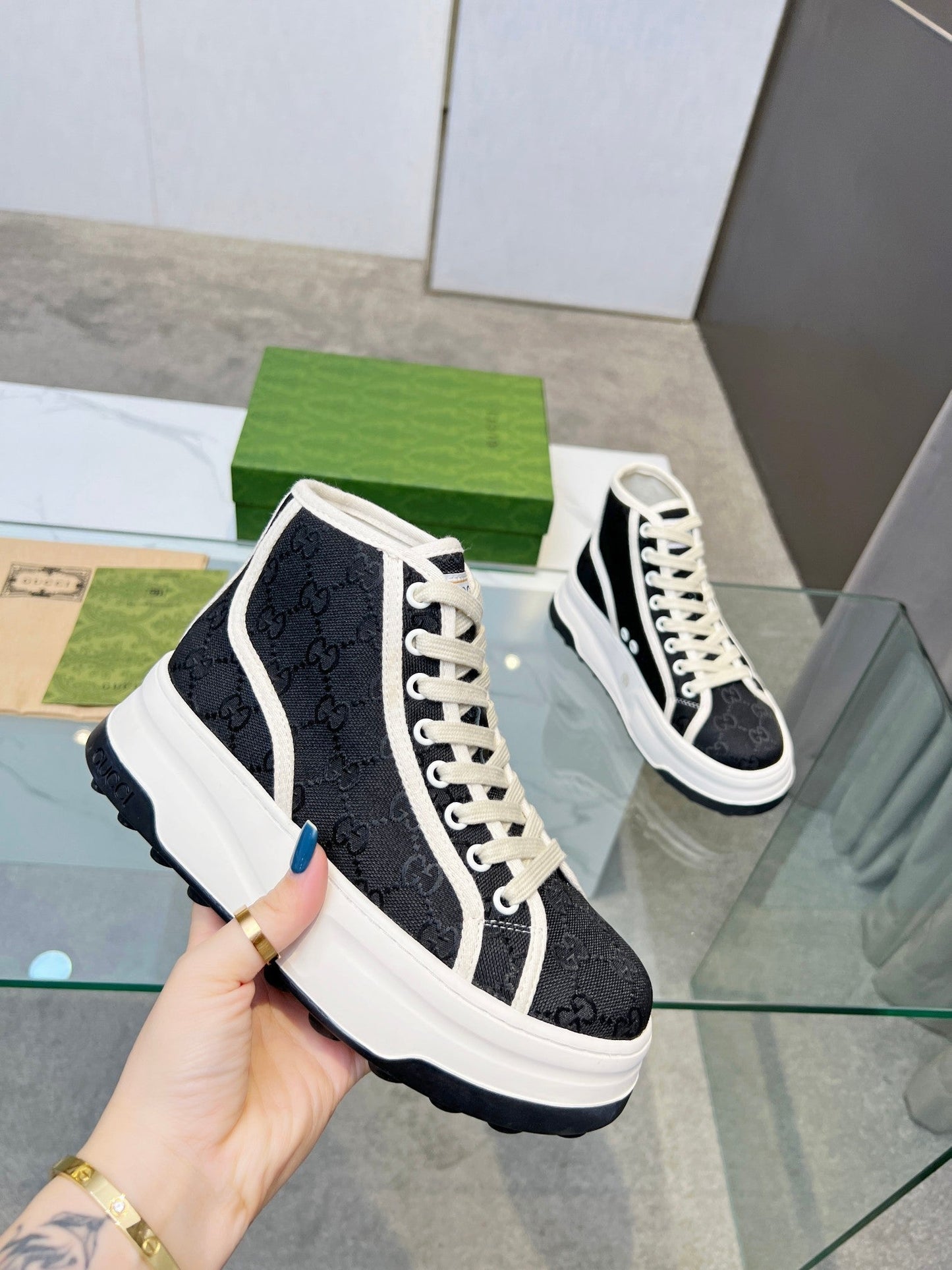 GG High Top Sneakers 50mm White Black Canvas 457431