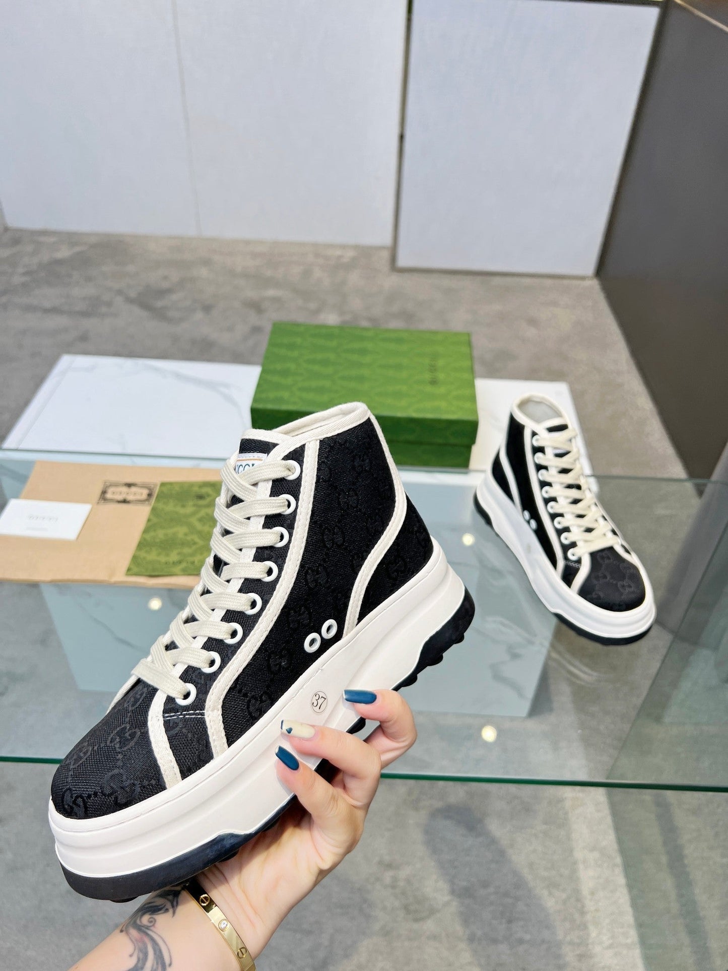 GG High Top Sneakers 50mm White Black Canvas 457431
