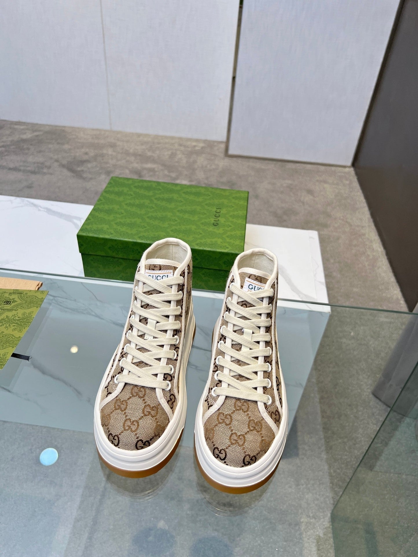 GG High Top Sneakers 50mm White Brown Monogram Canvas 457432