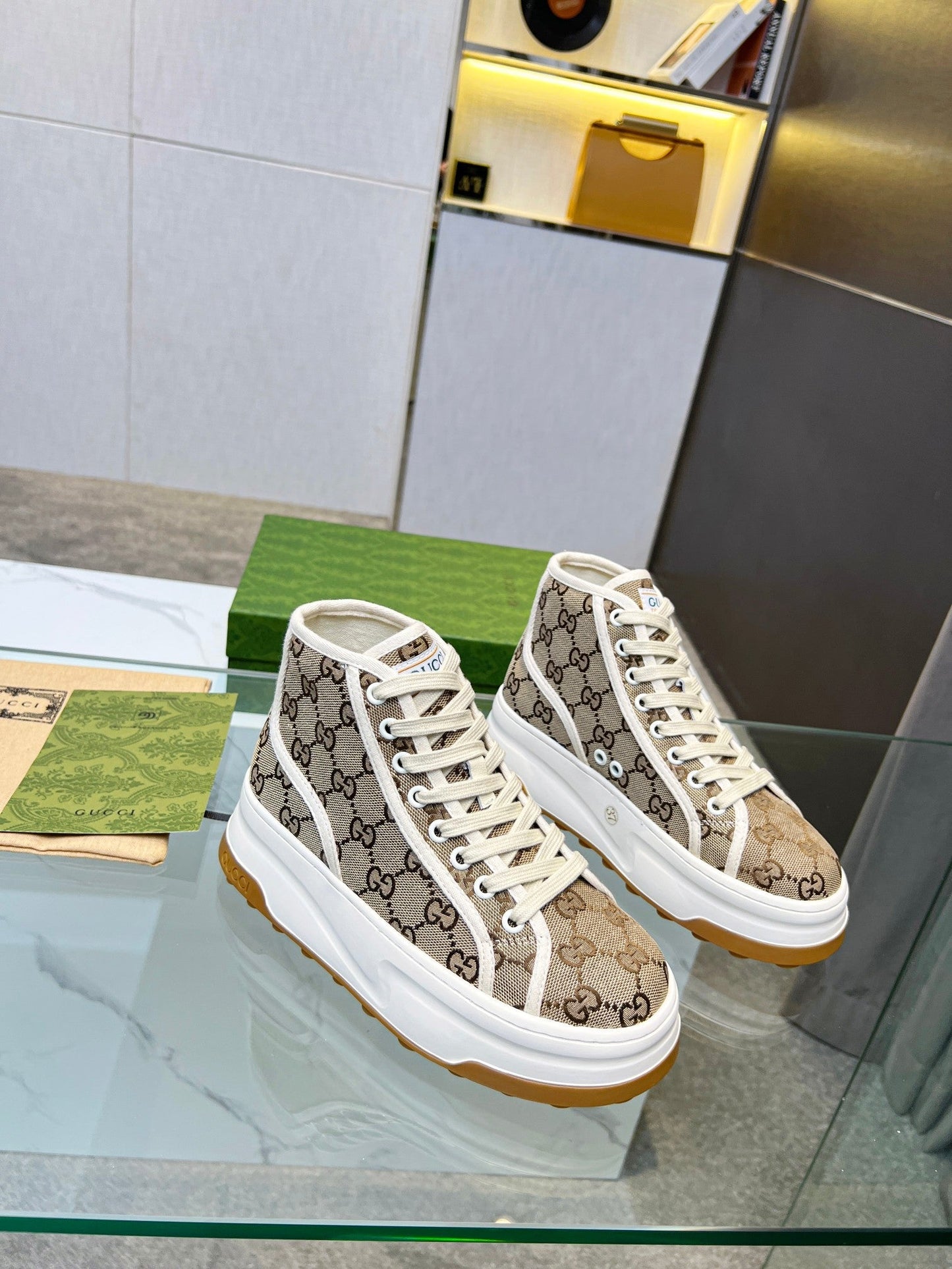 GG High Top Sneakers 50mm White Brown Monogram Canvas 457432