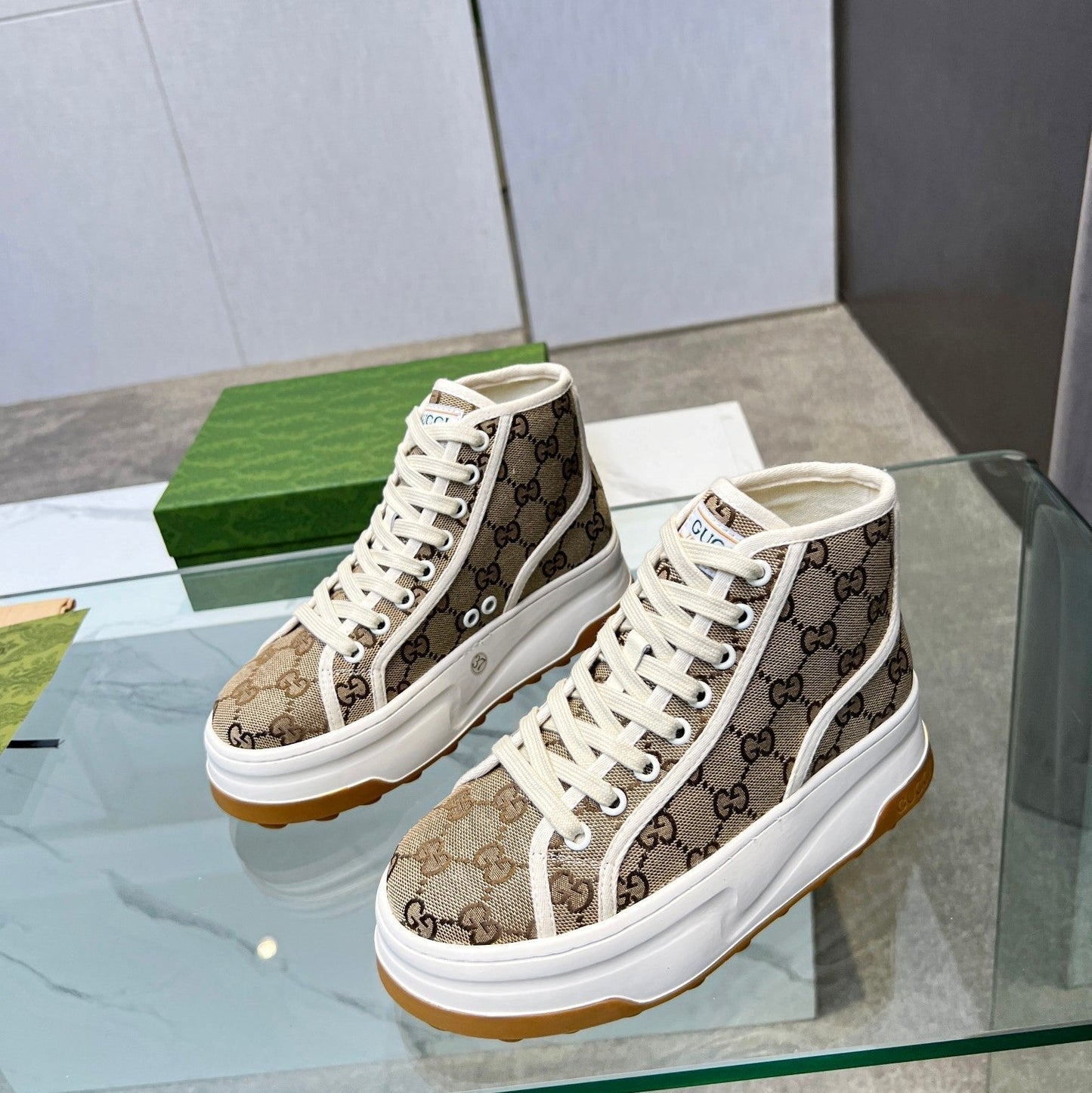 GG High Top Sneakers 50mm White Brown Monogram Canvas 457432