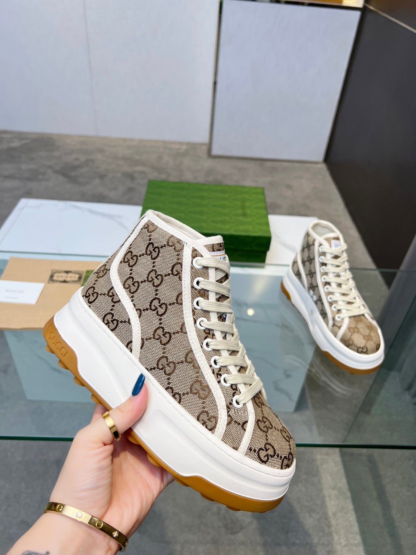 GG High Top Sneakers 50mm White Brown Monogram Canvas 457432
