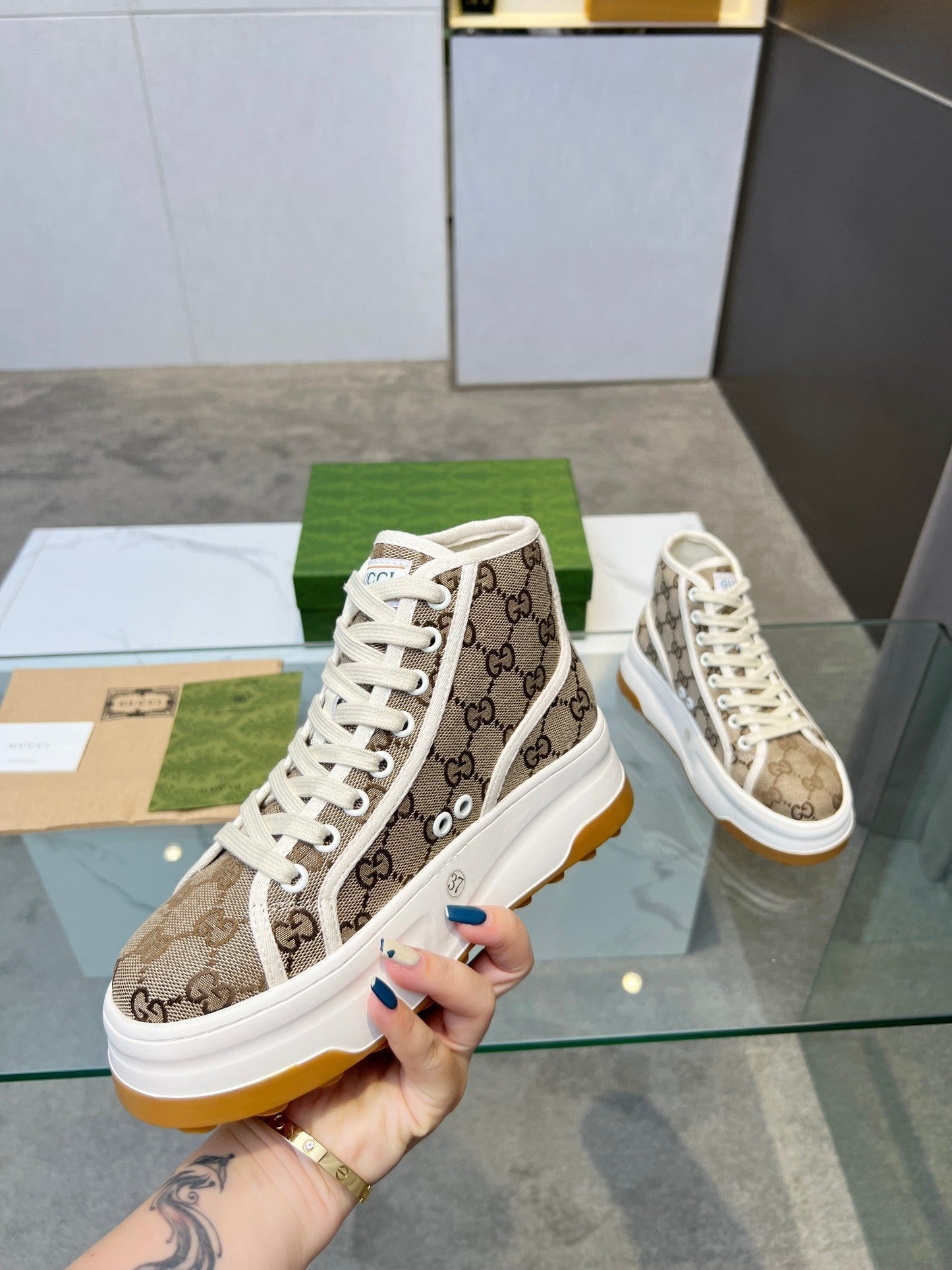 GG High Top Sneakers 50mm White Brown Monogram Canvas 457432