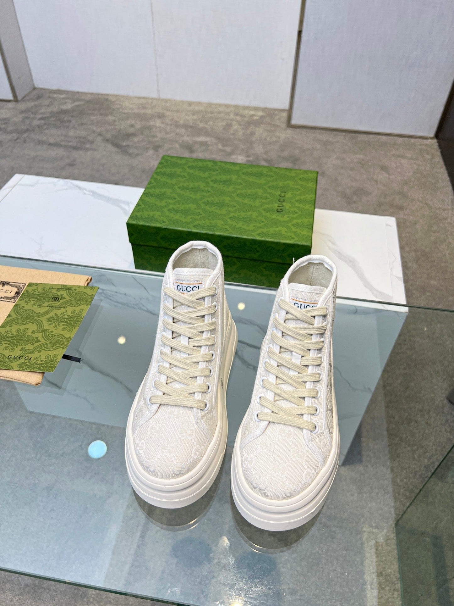 GG High Top Sneakers 50mm White Beige Canvas 457433