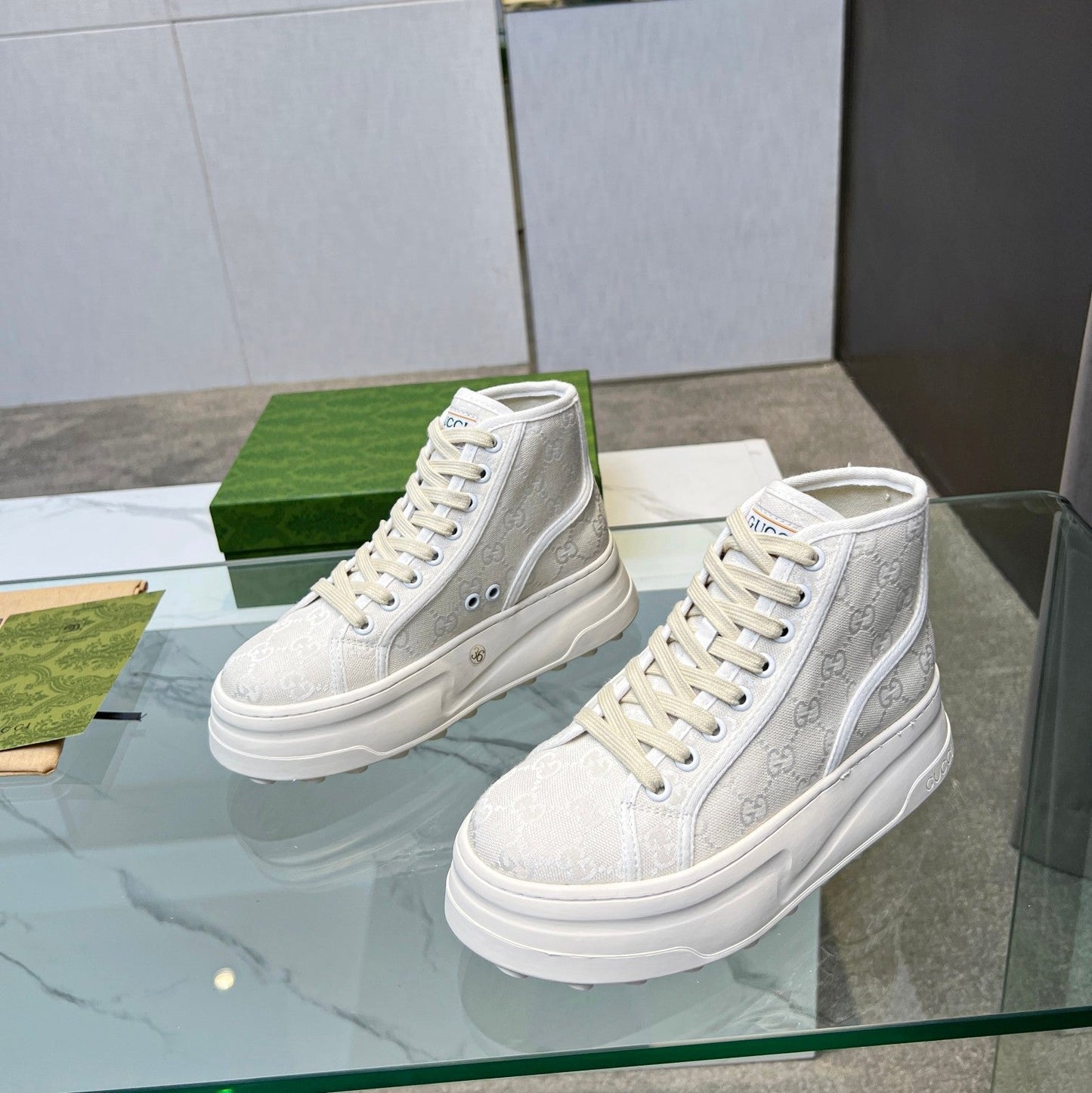 GG High Top Sneakers 50mm White Beige Canvas 457433