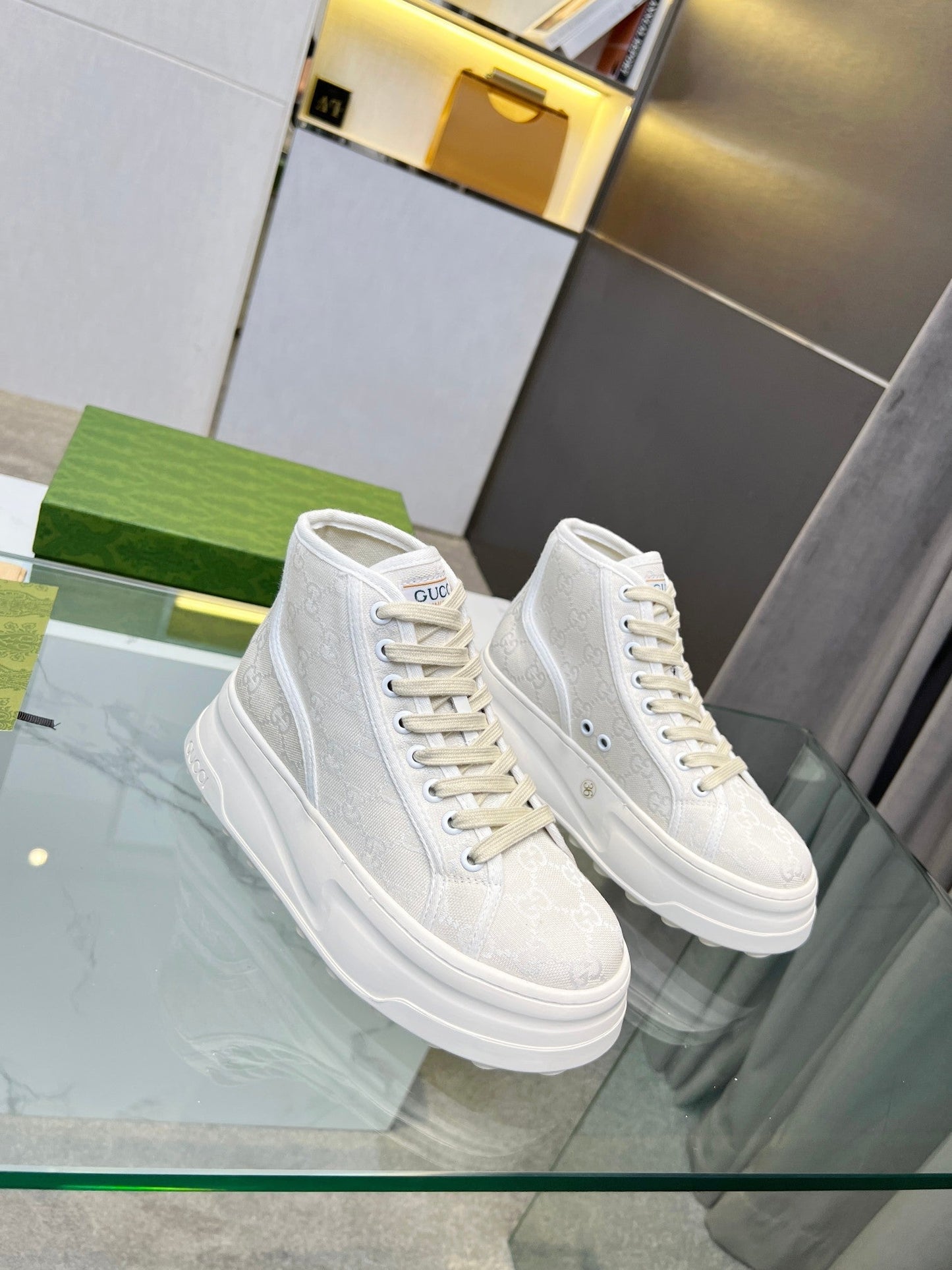 GG High Top Sneakers 50mm White Beige Canvas 457433