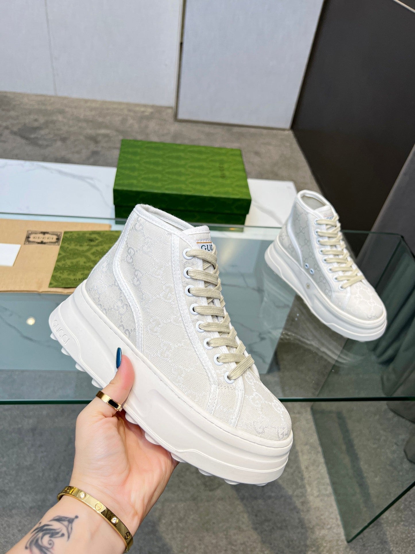 GG High Top Sneakers 50mm White Beige Canvas 457433