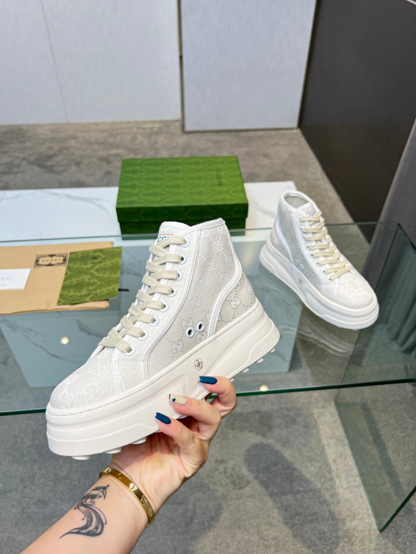 GG High Top Sneakers 50mm White Beige Canvas 457433