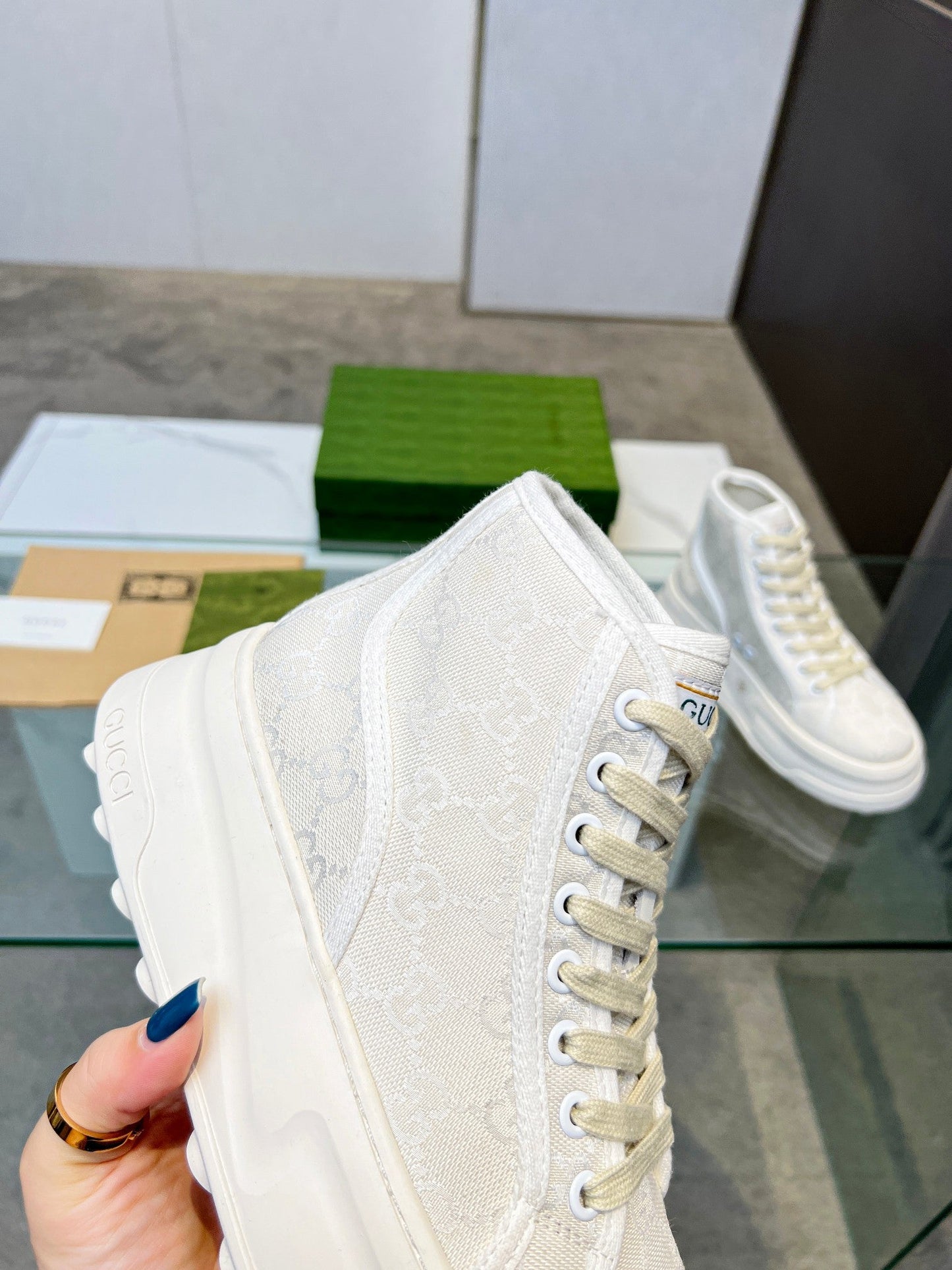 GG High Top Sneakers 50mm White Beige Canvas 457433