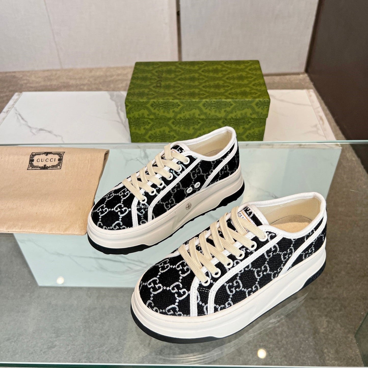 GG Low Top Sneakers 50mm Black White Monogram Canvas 457435