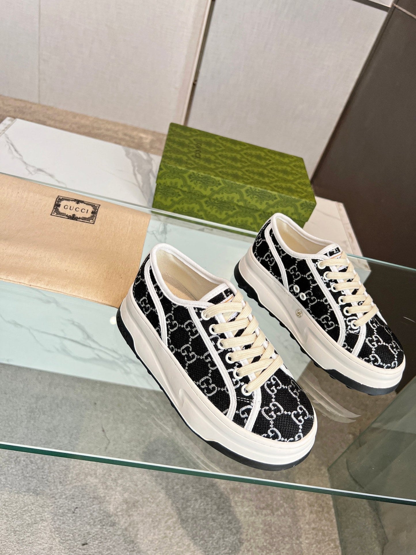 GG Low Top Sneakers 50mm Black White Monogram Canvas 457435