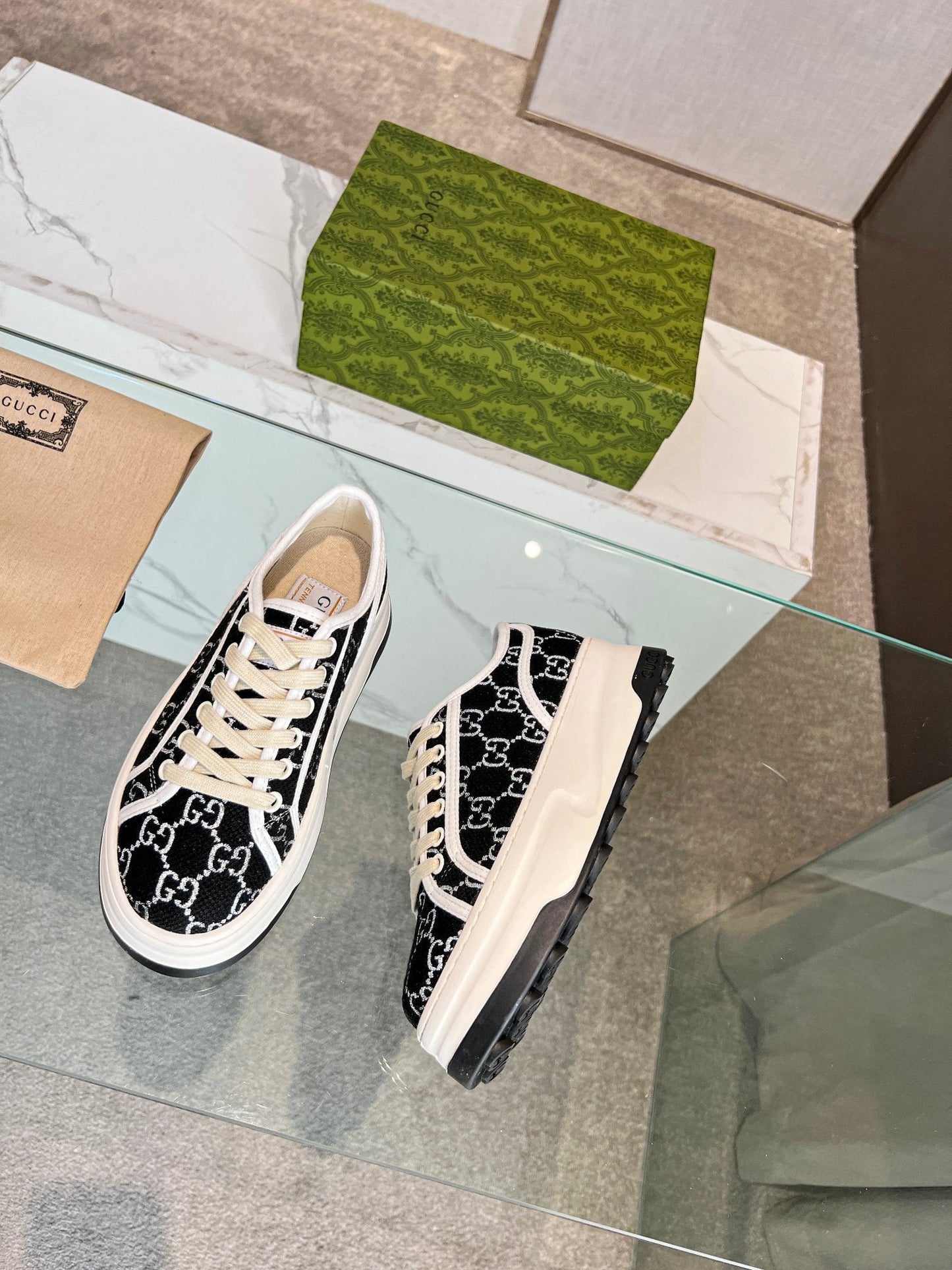 GG Low Top Sneakers 50mm Black White Monogram Canvas 457435