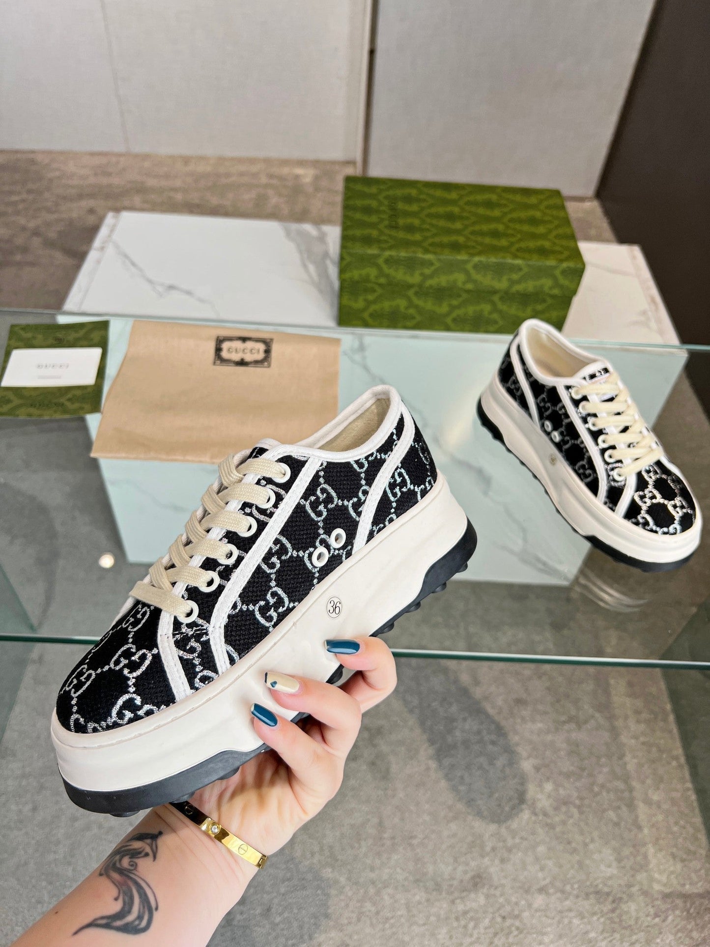 GG Low Top Sneakers 50mm Black White Monogram Canvas 457435