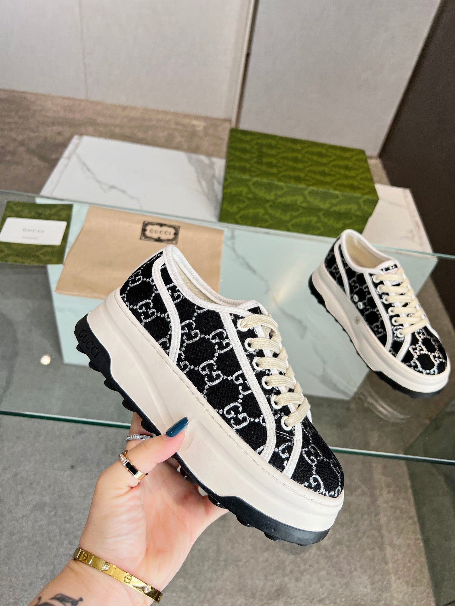 GG Low Top Sneakers 50mm Black White Monogram Canvas 457435